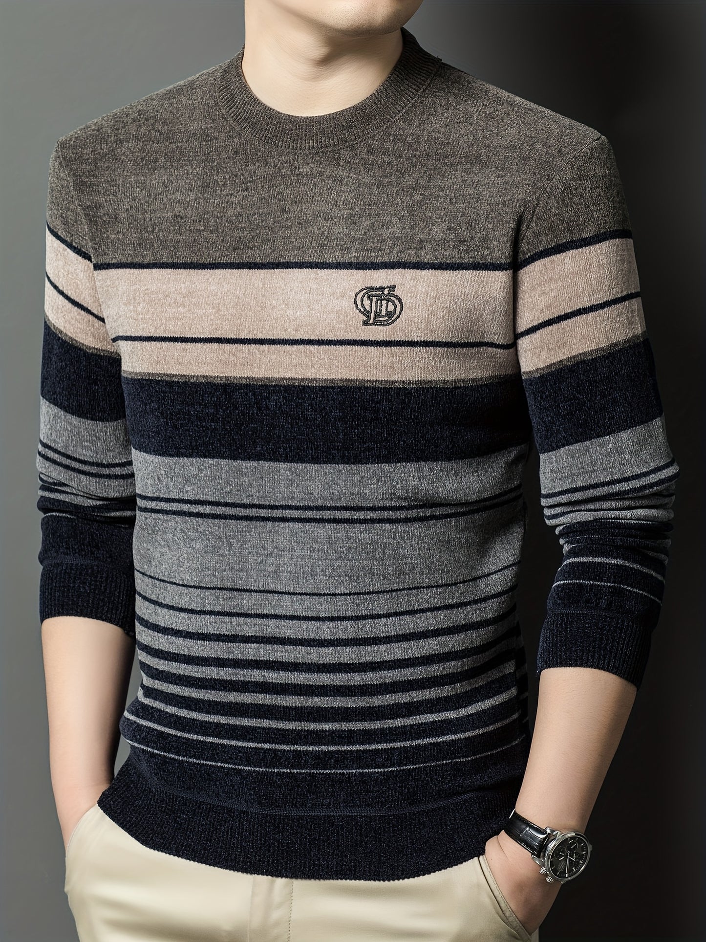 Men's Winter Thermal Fleece-Lined Striped Sweater - Thickened Warm Pullover with Embroidered Logo, Casual Round Neck Long Sleeve Knit Top, Machine Washable (Black/Brown/Beige), Cold Weather Apparel, Ribbed Texture, Comfortabl