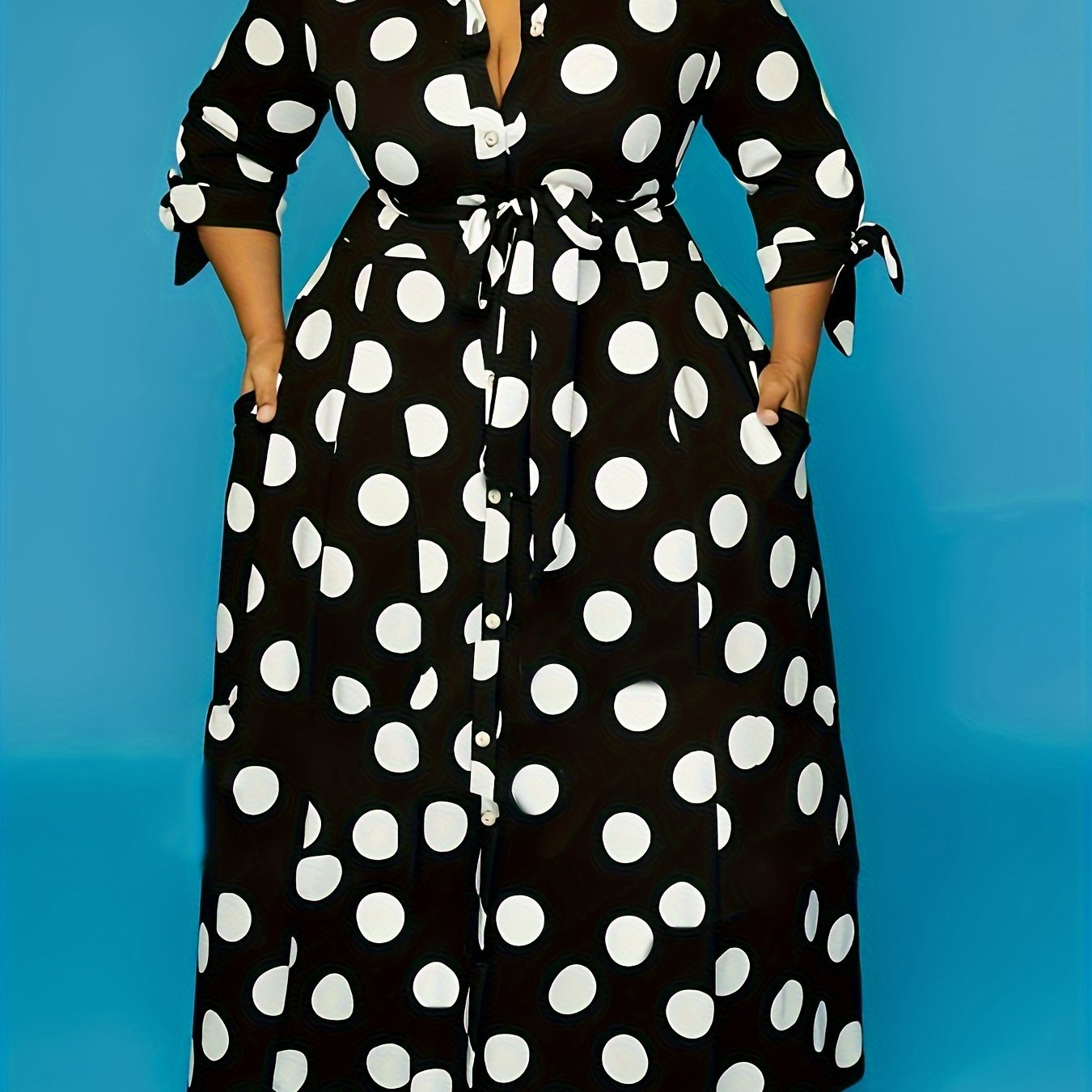 Robe Élégante Grande Taille – Femme, Maxi Robe à Pois, Boutonnée, Col avec Ceinture