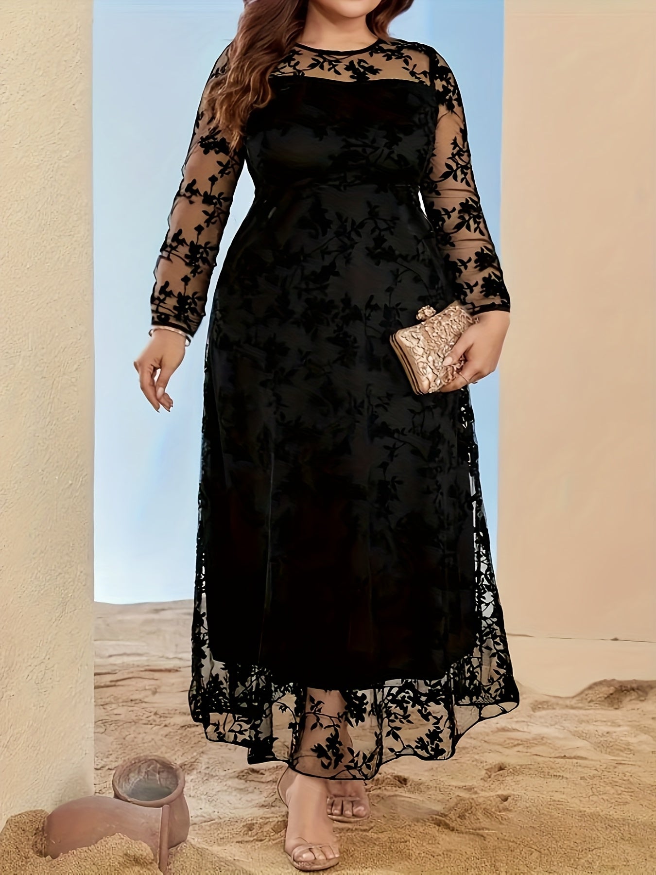 Robe Grande Taille Élégante – Imprimé, Manches Longues, Ourlet en Mesh Flocké, Haut Bodycon et Jupe Évasée en Forme de Cloche, Toutes Saisons, Tenues de Fête, Couture de Qualité, Tissu Respirant