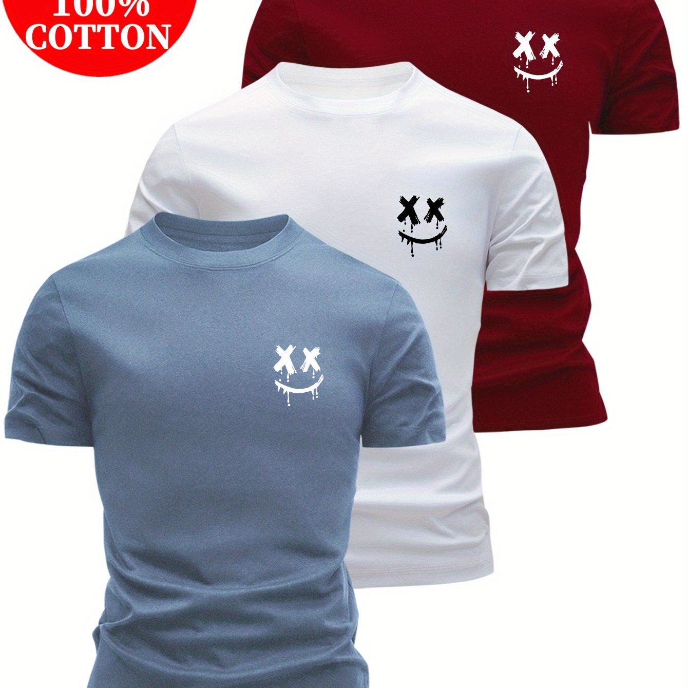 3pcs 100% Cotton T-Shirts, Casual Crew Neck Top for Men's Summer Streetwear, Summer Outfit, Everyday Clothing, Trendy Tshirt, Urban Fashion, Soft Material, Breathable Fabric, Cotton Tee, Multipack Shirts, Young Adults, Casual