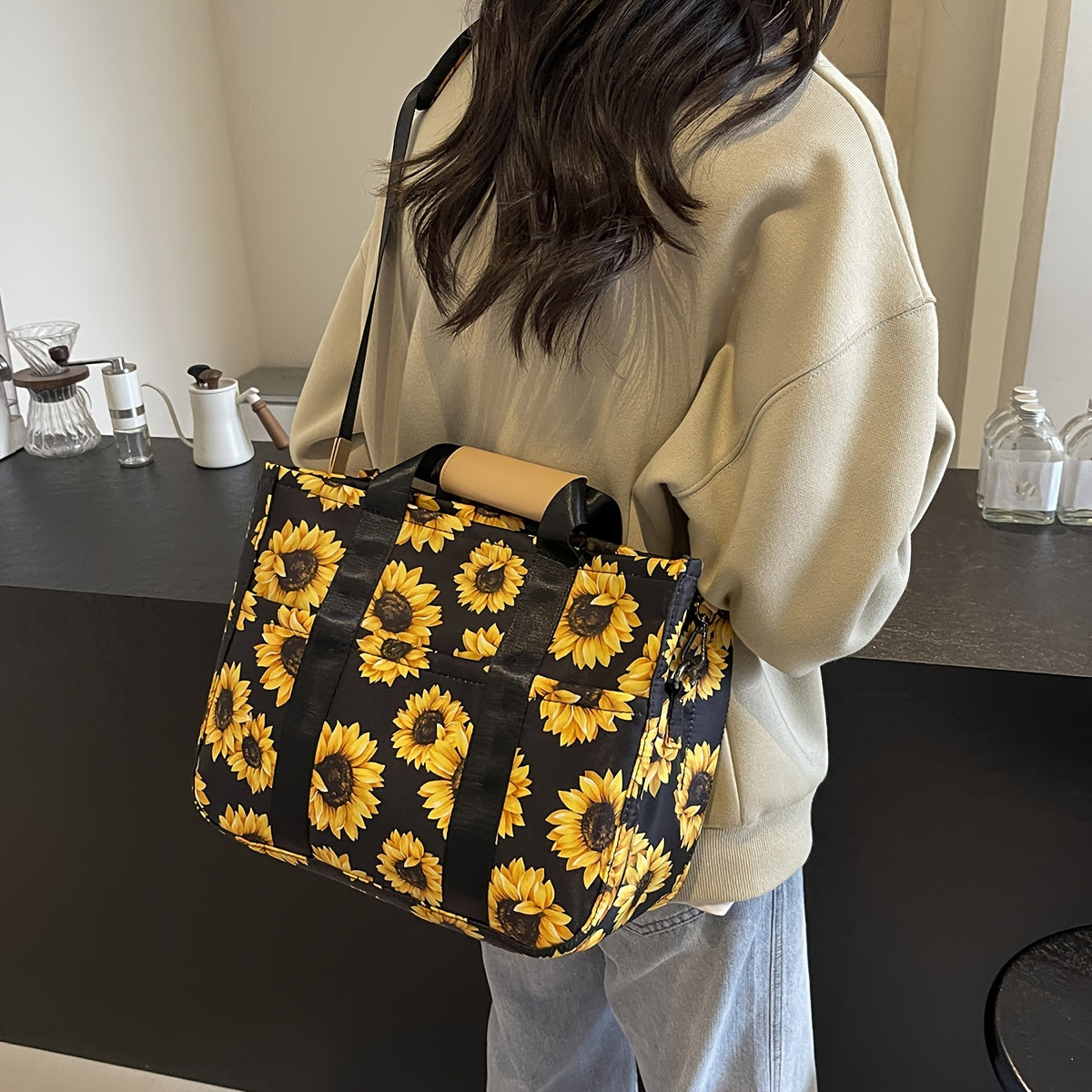 Sac Femme Grande Capacité – Imprimé Tournesol, Cabas et Bandoulière, Bandoulière Longue Ajustable, Matériel Doré, Multi-Compartiments, Tissu Durable pour Travail et Voyage