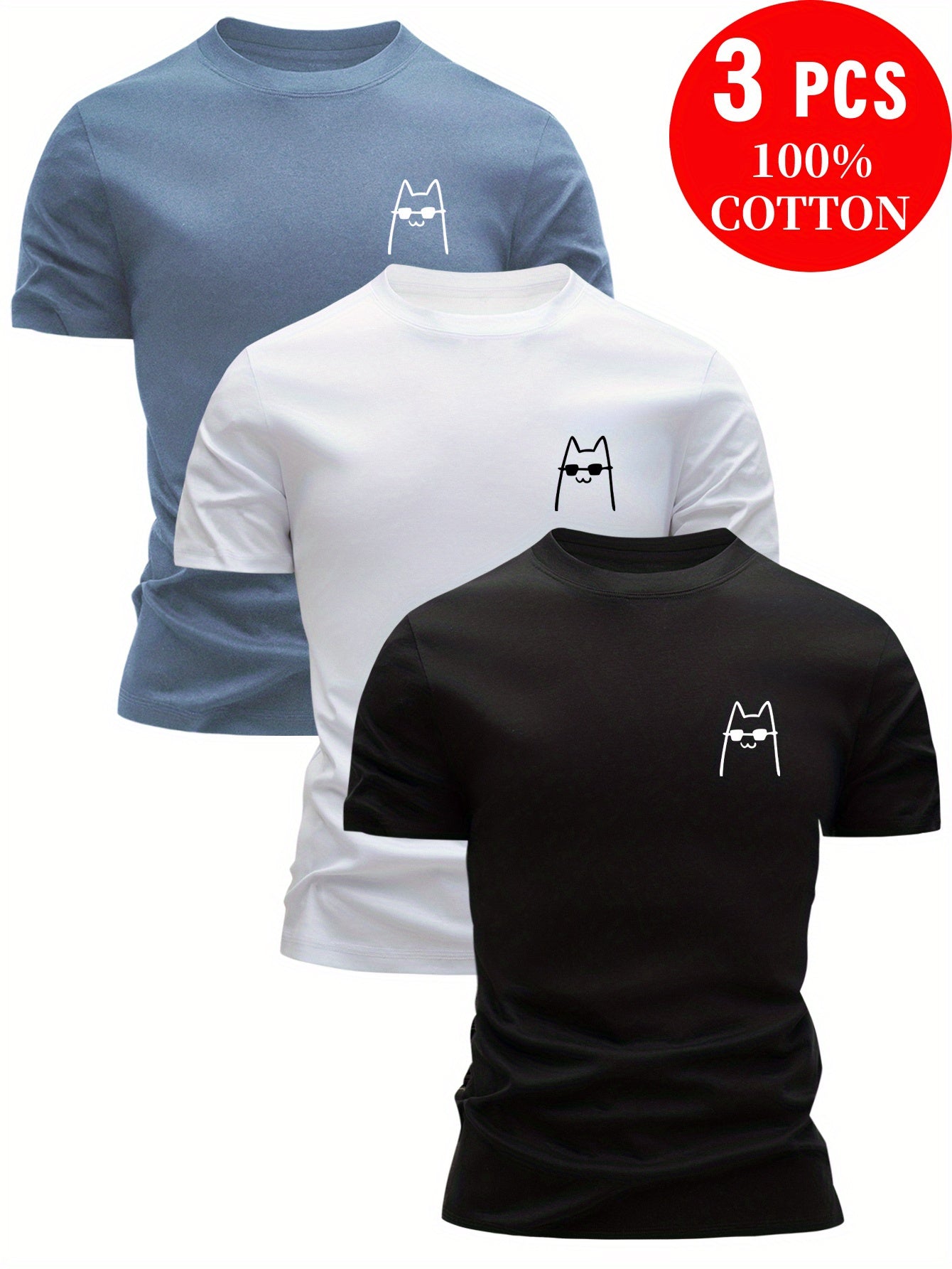 3pcs 100% Cotton T-Shirts, Funny Summer Casual Top for Men with Cartoon Cat Design, Leisure Clothing, Relaxed Fit, Cartoon Print, Playful Design, Cotton Fabric, Comfortable Fit, Short Sleeve Tee, Fitted Shirt, Casual Wearers,
