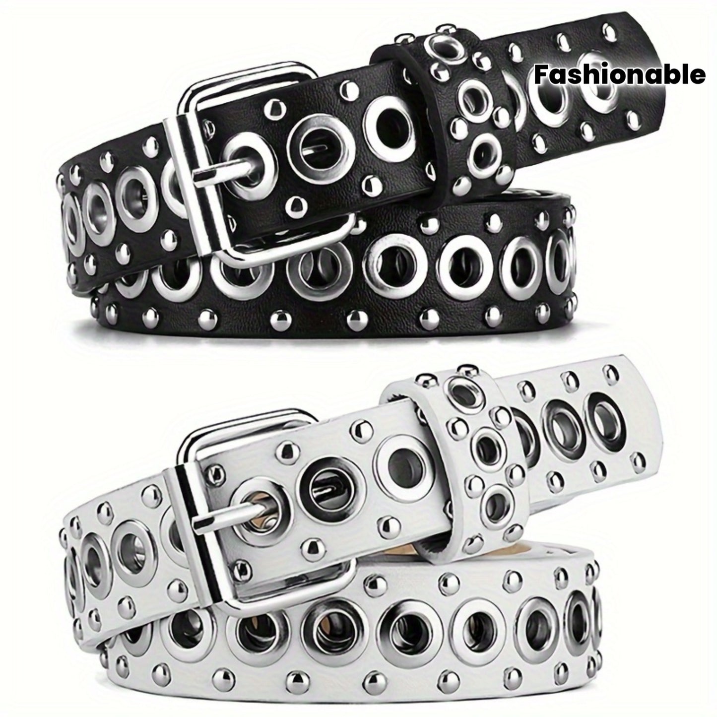 Lot de 2 ceintures pour femmes – Ceintures tendance à clous, boucle à ardillon, style street punk hip-hop Y2K, à porter avec jupes et jeans, ceinture quotidienne, tenue de festival, ceinture statement, design audacieux
