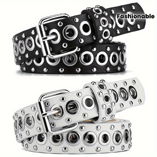Lot de 2 ceintures pour femmes – Ceintures tendance à clous, boucle à ardillon, style street punk hip-hop Y2K, à porter avec jupes et jeans, ceinture quotidienne, tenue de festival, ceinture statement, design audacieux