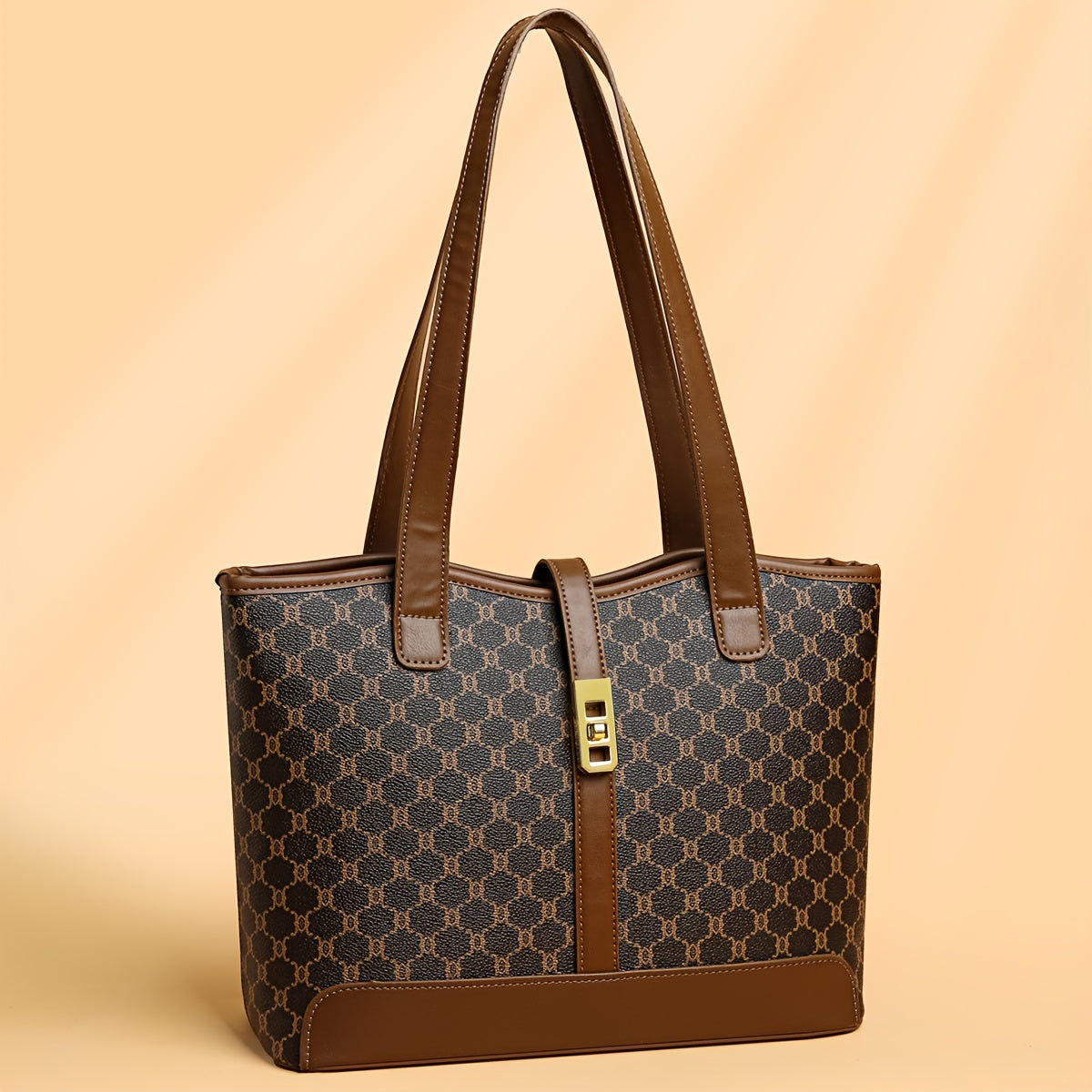 Sac cabas grande capacité pour femme – Café et gris, ferrures dorées, fermeture éclair, anses solides, bandoulière détachable, élégant pour travail et voyage