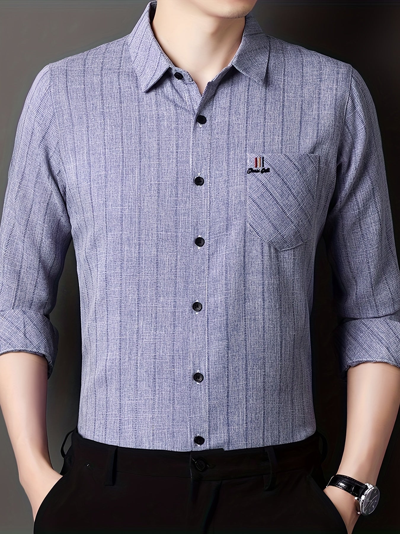 Men'S Striped Shirt with a Chest Pocket, Casual Long-Sleeve Shirt with a Collar.