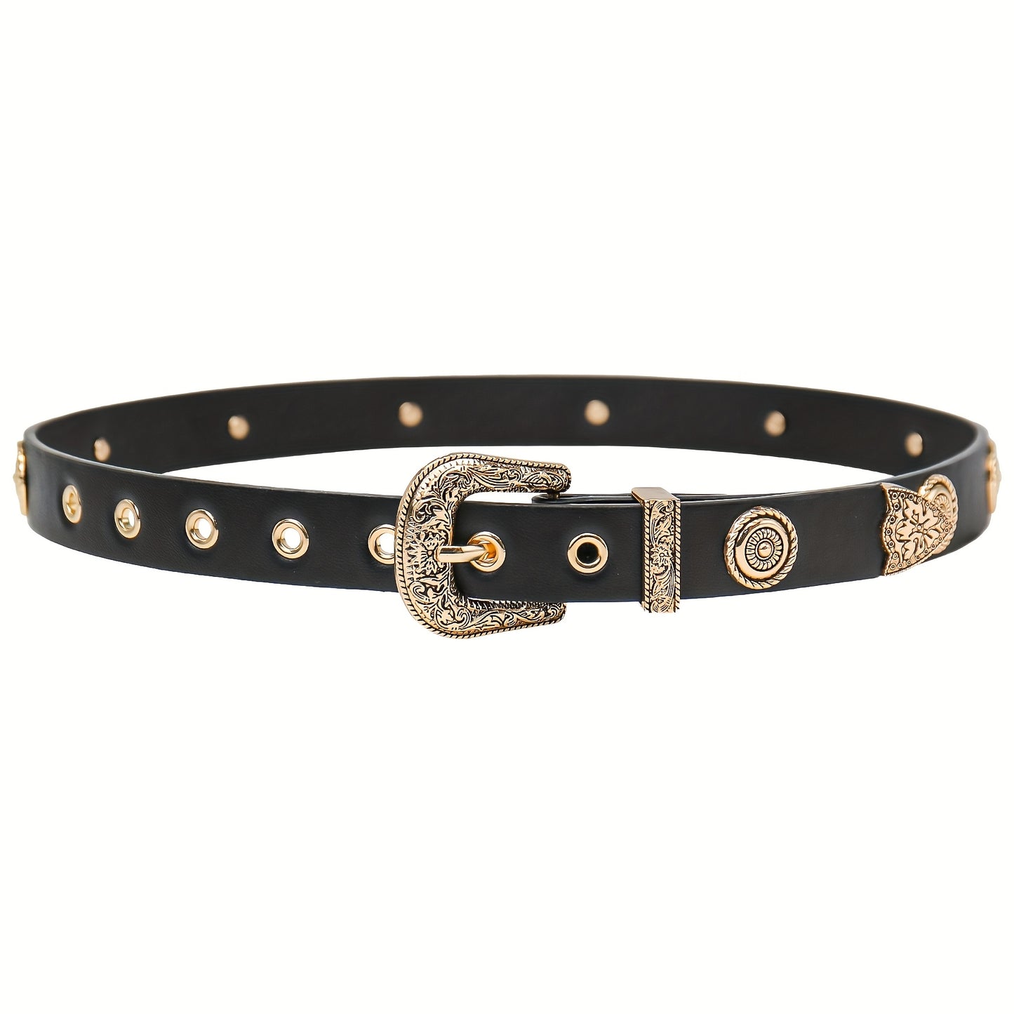 Ceinture pour femmes – Noir avec clous métalliques dorés, boucle métallique ornée, taille standard, pour robes, pantalons et jeans, ceinture style western, ceinture noire imitation cuir