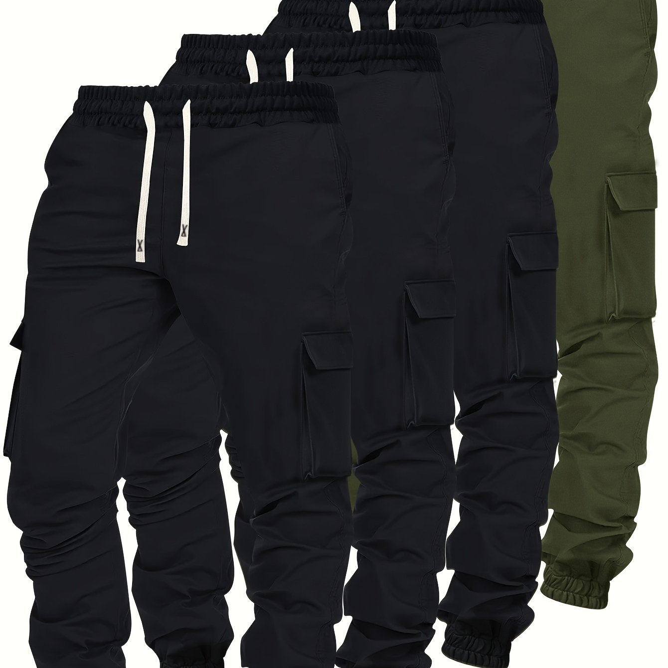Lot de 4 pantalons cargo homme robustes – Pantalons toutes saisons avec multiples poches, taille à cordon élastique et passants de ceinture, idéaux randonnée, jogging, casual – Lavables en machine (noir/olive/beige/bleu marine) – Coupe régulière
