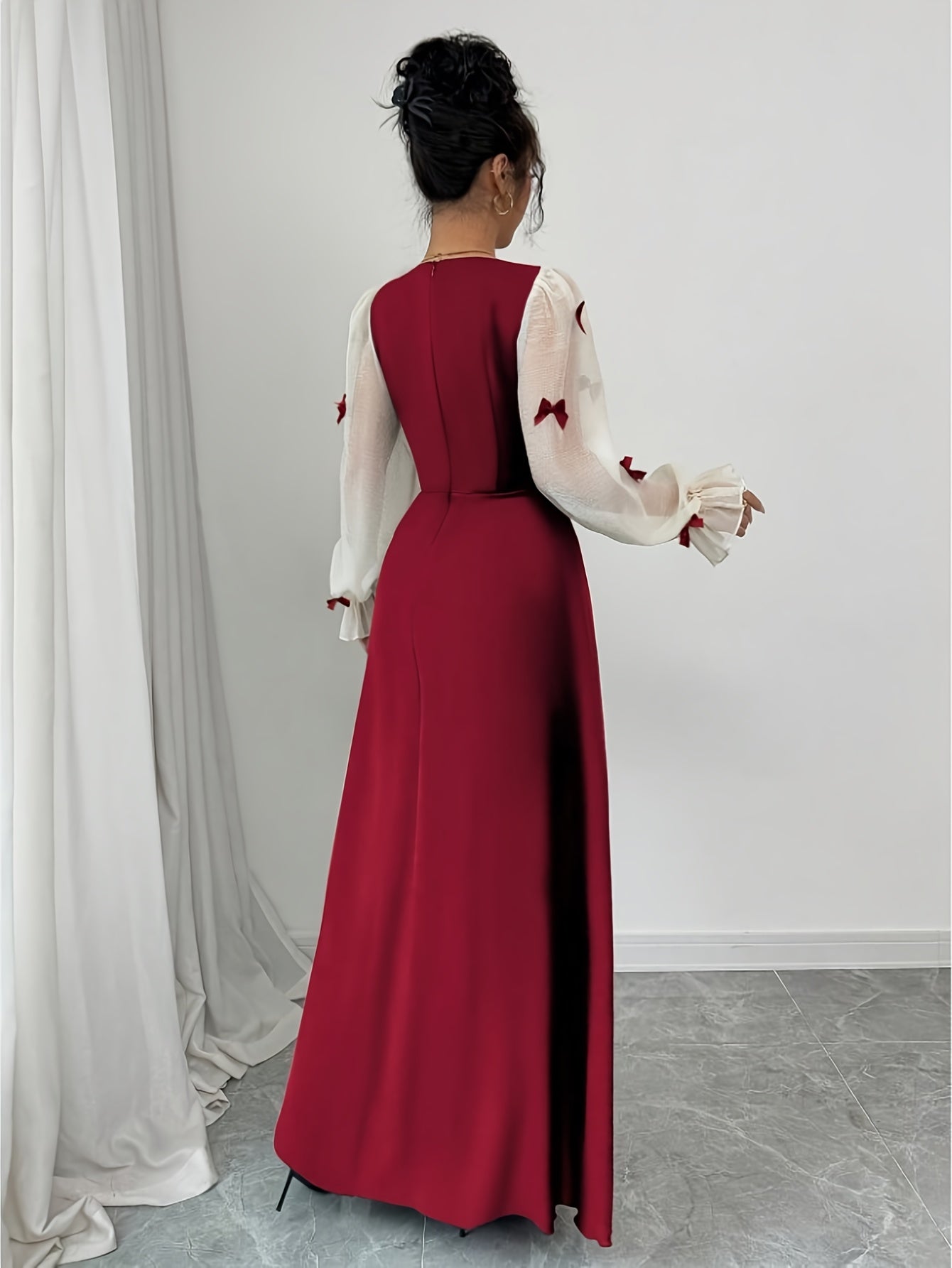 Robe élégante femme rouge bordeaux – manches bouffantes, col carré, nœud à la taille, coupe A-line longue, formelle pour soirées et mariages, lavable en machine, toutes saisons, adaptée aux talons courts ou chaussures plates