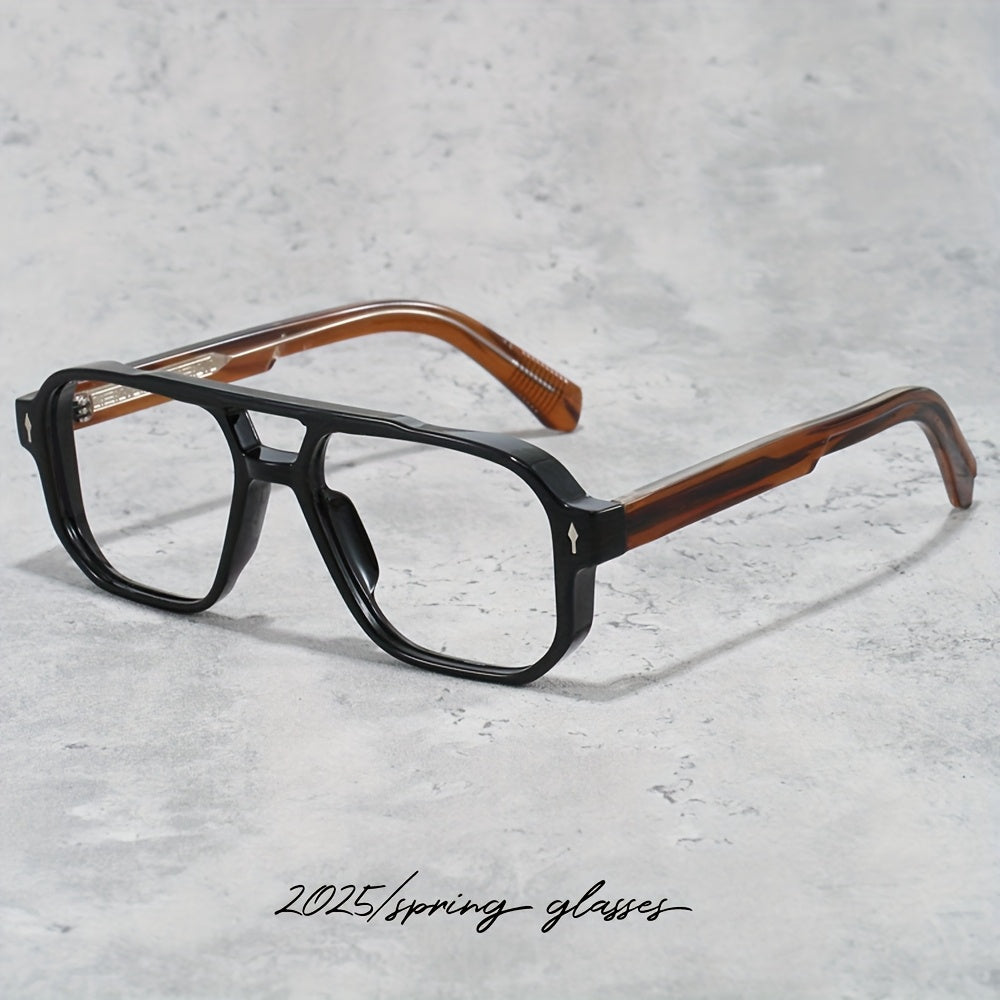 Vintage-Inspired Double Beam Pilot Glasses for Men - Stylish Blue & Black Rectangular Frames with PC Lenses, Lightweight TR90 Material, Includes Protective Case - Perfect for Casual Wear