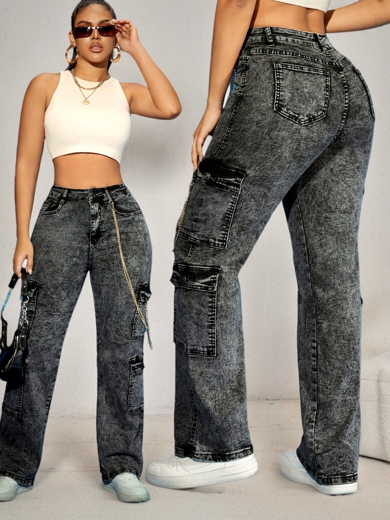 Pantalon cargo femme taille haute – denim stretch, poches multiples, casual, lavable en machine