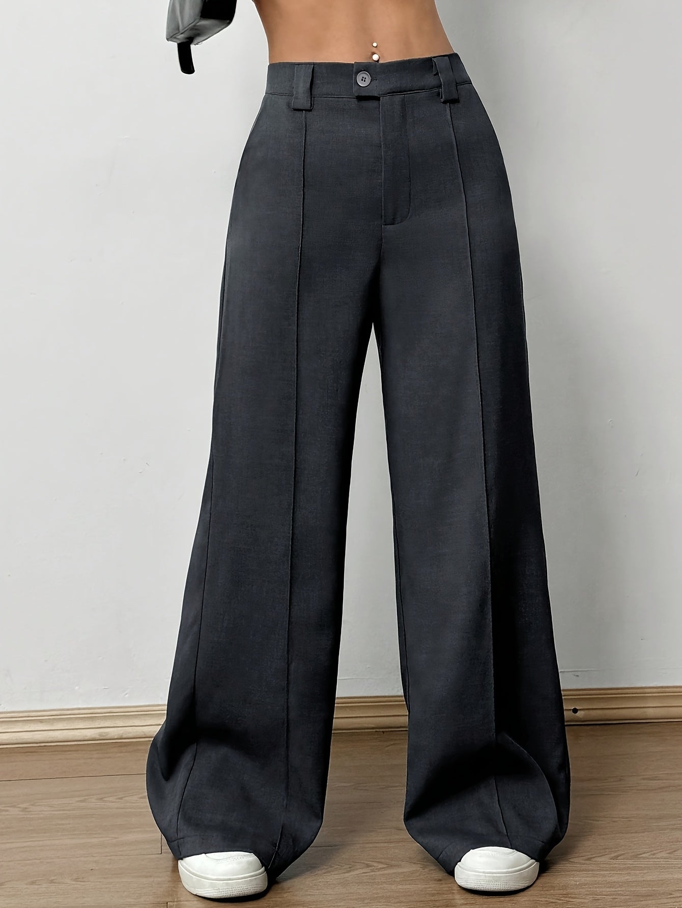 Pantalon Femme Taille Haute – Jambe Large Noir, Fermeture Boutons Sans Ceinture, Bureau et Décontracté, Tous Saisons