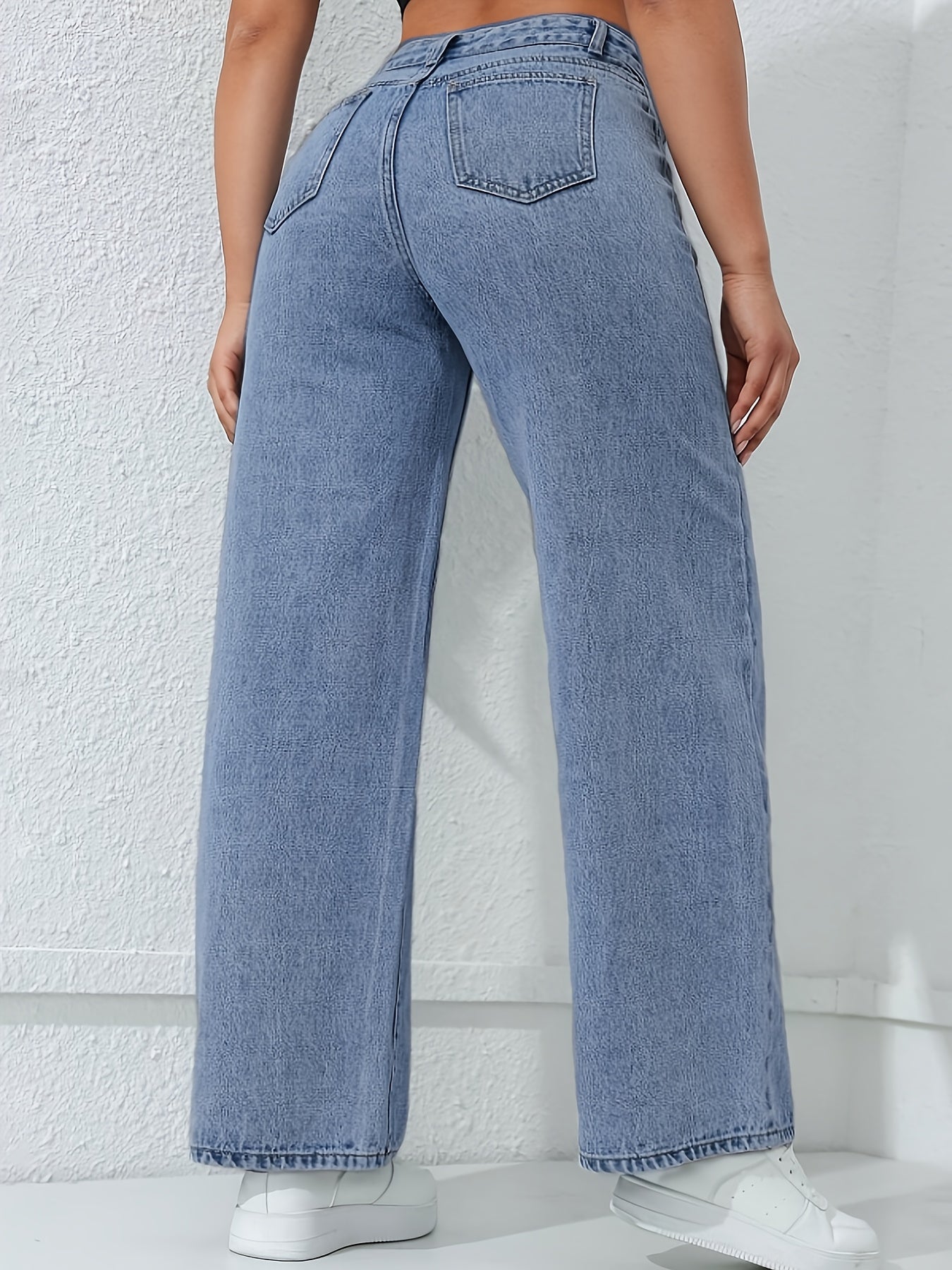 Jeans Femme Décontracté – Jambe Droite, Coupe Ample, Confort Toutes Saisons, Fermeture Boutons, Poches, Denim Bleu Clair, Idéal Sorties Week-end, Tissu Non Extensible, Coupe Relâchée