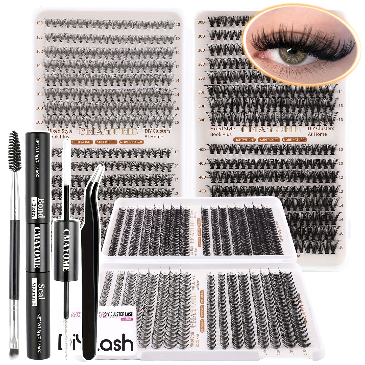 Kit Extensions de Cils — Longueurs Mixtes 10-16 mm, Paquets 10D/20D/30D/40D, Styles Cat Eye, Cosplay, Volume Russe, Naturel, Épais et Dramatique, Inclus Colle et Scellant, Pinces, Débutants, Curl D, Haute Pigmentation