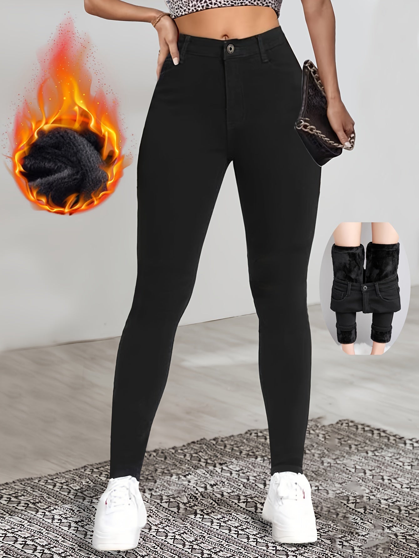 Jeans Femme Taille Haute Skinny Extensible Doublure Polaire Boutons Mi-Haute Hiver Décontracté et Stylé