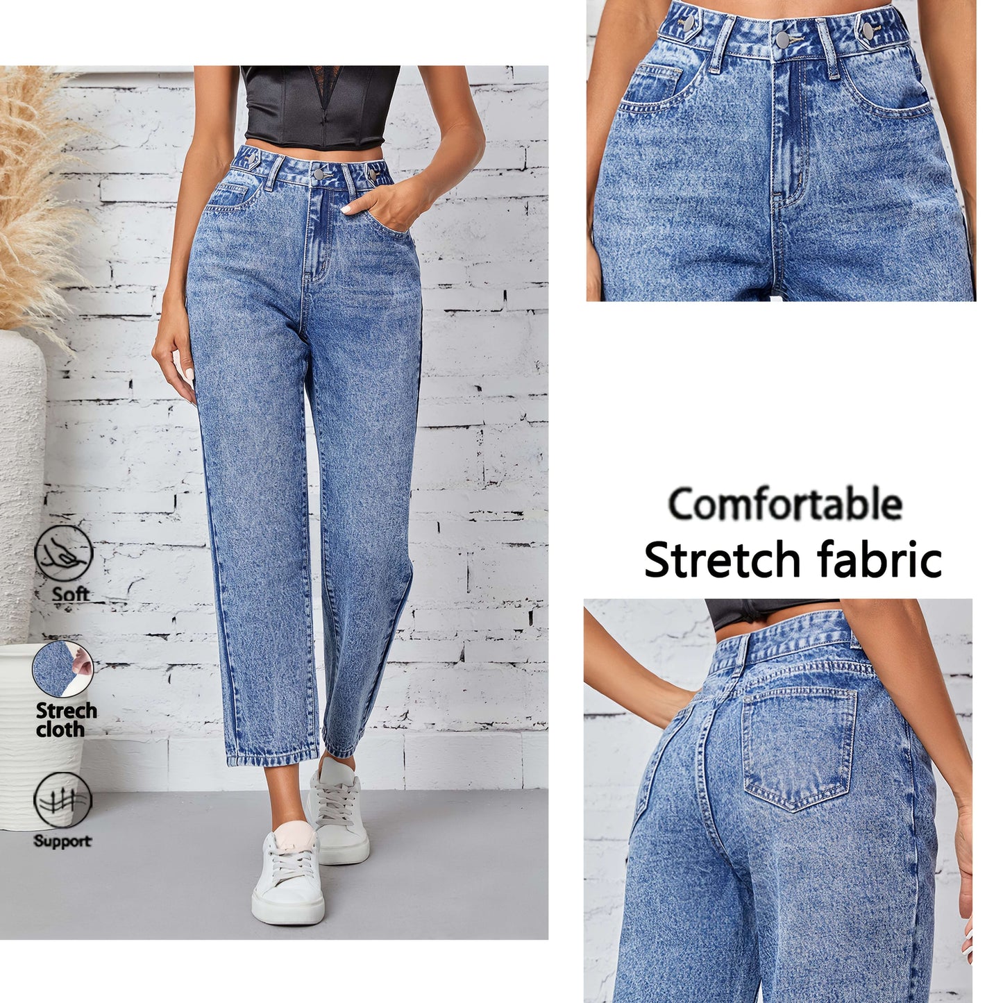 Jeans Femme Jambe Droite Décontracté Extensible Taille Mi-Haute Boutons Bleu Clair Effet Usé Toute Saison Confortable