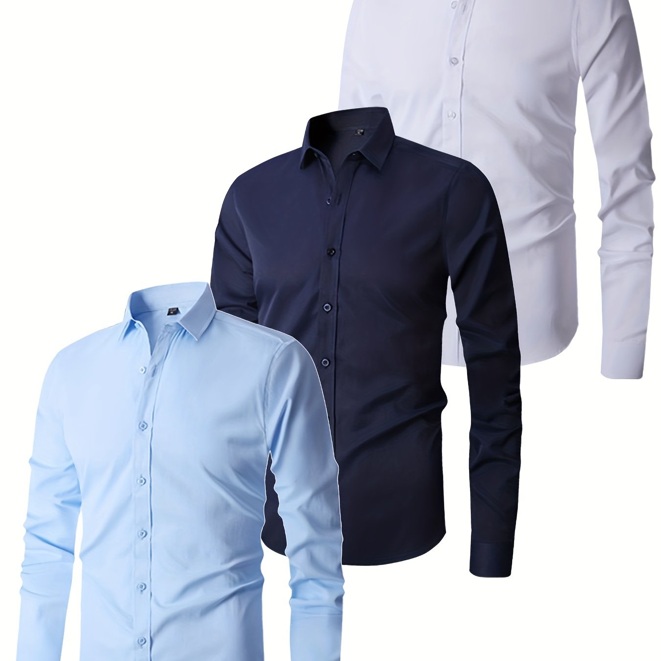 3pcs Men's Regular Fit Solid Color Business Long Sleeve Shirts, Thin All-Season Dress Shirts, Wrinkle-Free Wedding Shirts, Casual Office Wear, Graduation Formal Long Sleeve Shirts Set