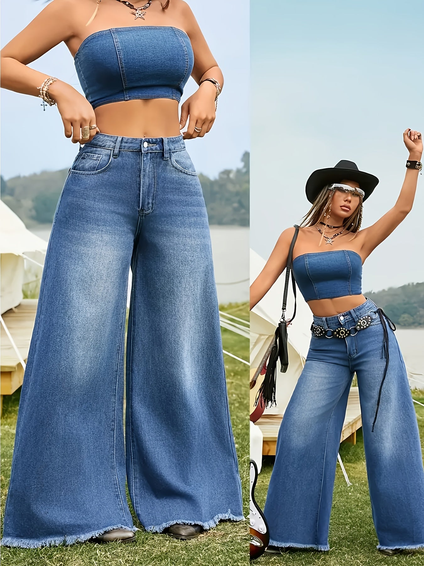 Jean femme taille haute – coupe large décontractée, denim bleu classique, bords effilochés, style élégant pour travail et tenue casual