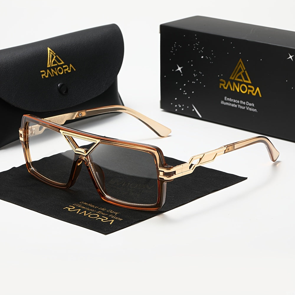 RANORA 1 Retro Square Double-Bridge Fashion Glasses, Equipped with PC Lenses, Suitable for Everyday Casual Retro Style, Includes a Protective Case, Without Battery