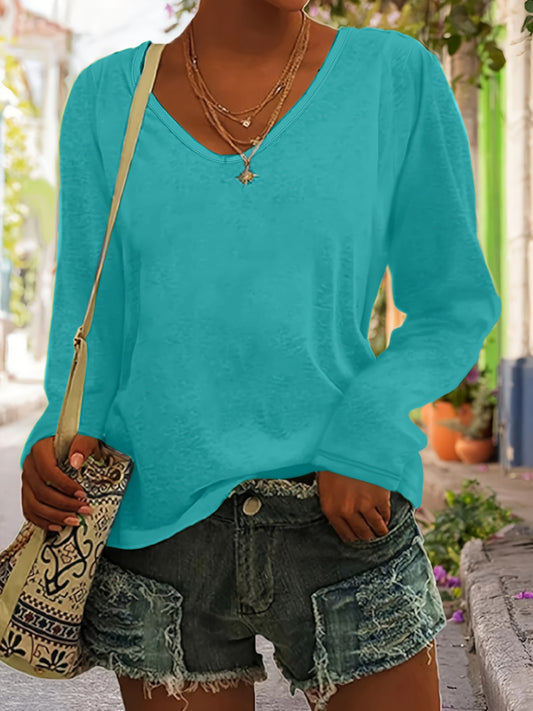 Ensemble 3 pièces grande taille pour femmes – T-shirts à manches longues, col en V, coupe décontractée et extensible, couleur unie, confort quotidien pour printemps et automne, lavable en machine