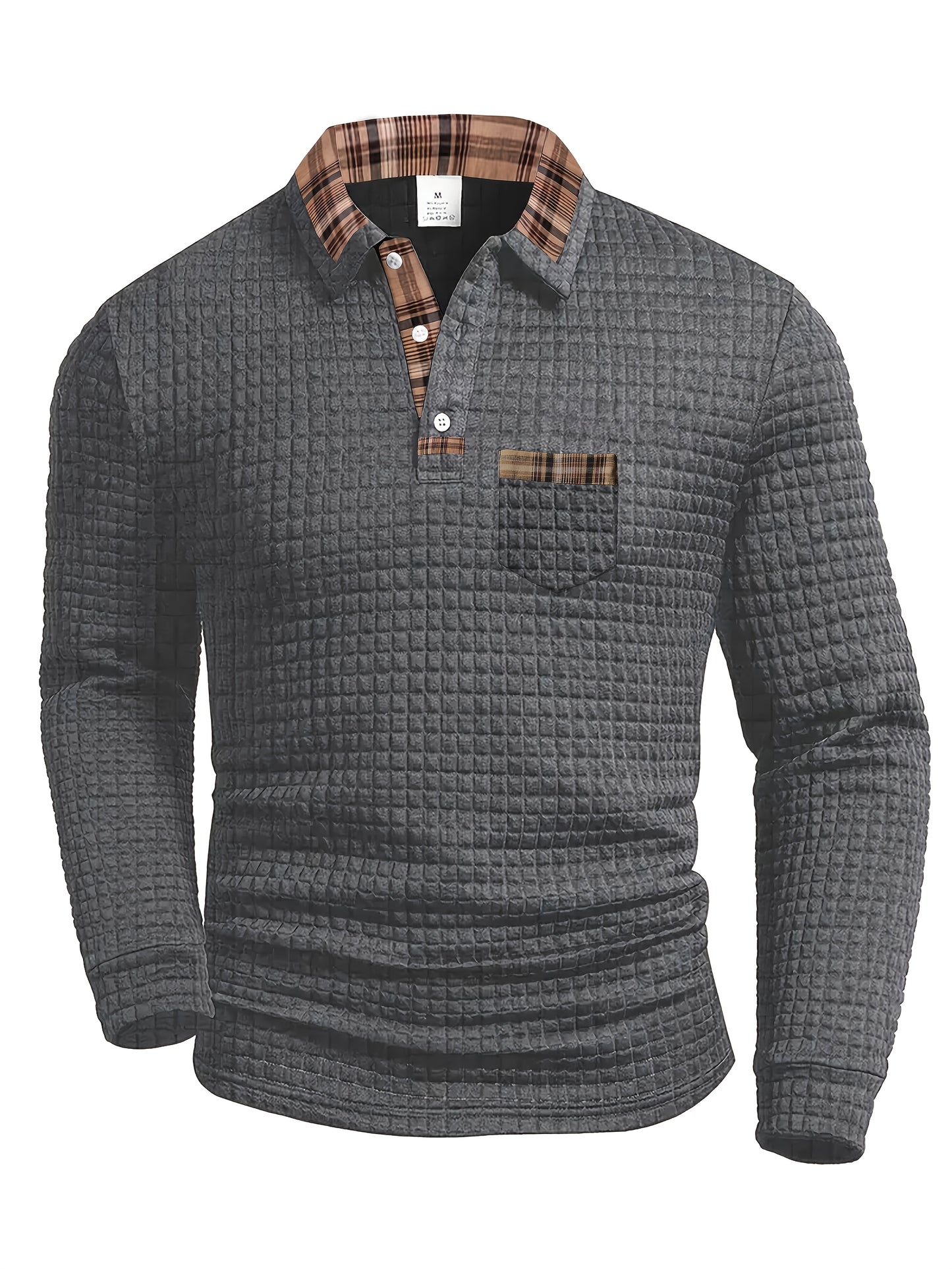 Men'S Casual Warm Long Sleeve Polo Shirt - Gray with Brown & White Plaid Collar, Button-Up Front, Textured Waffle Weave, Perfect for Fall, Casual Wear|Plaid Pattern Shirt|Buttonup Collar Shirt
