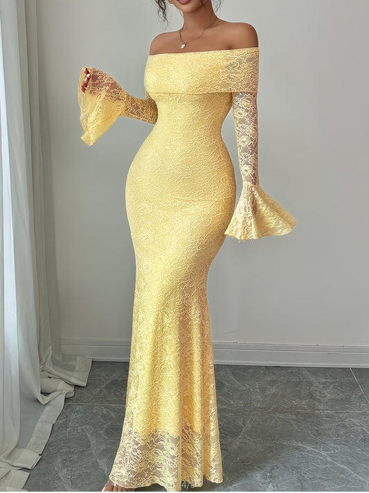 Elegant Off the Shoulder Long Dress with Contrast Lace Details | Women'S Sexy Bell Sleeves and Pendulum Style, Solid Color, Suitable for All Seasons