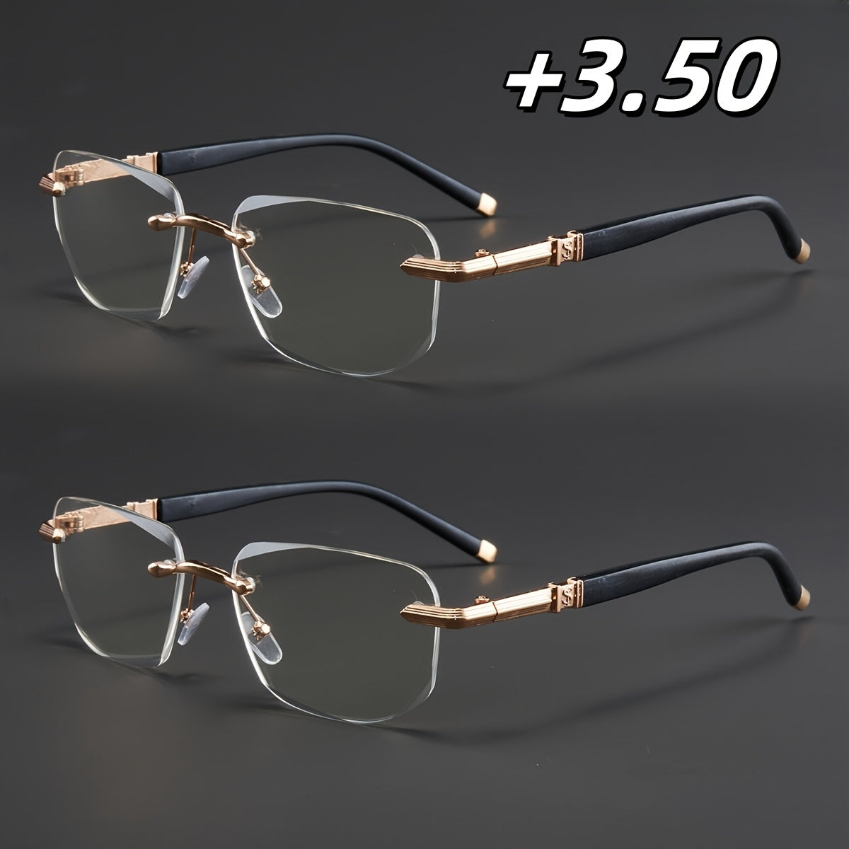 Two Pairs, Bundled Set, Stylish, Men'S, Exquisite, Luxurious, Rimless, Beveled Edge, Reading Glasses, Metal Frame, Options: 100, 150, 200, 250, 300, 350, And 400 Degrees, Without Battery, Christmas Gifts