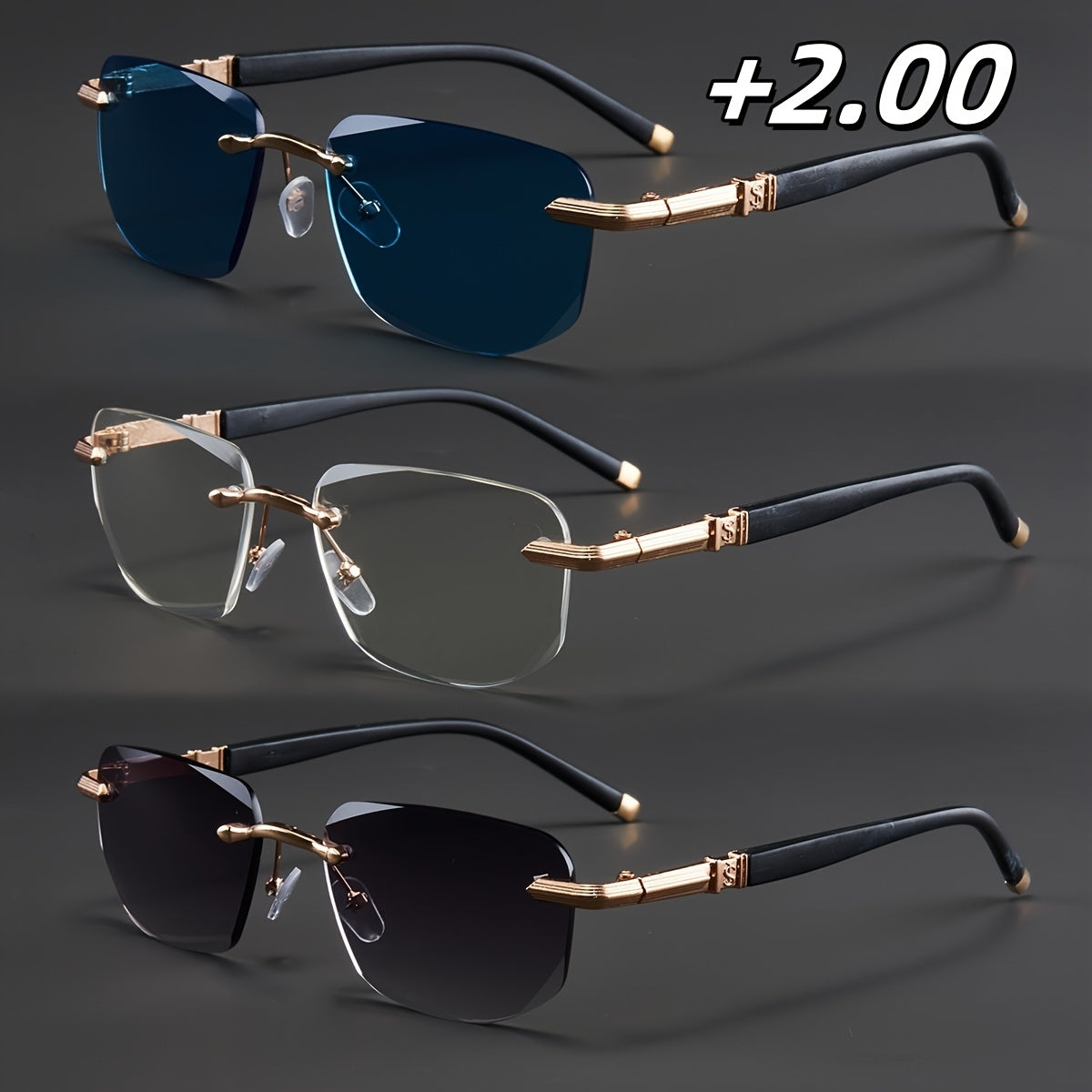 3-Pack, Stylish Men's Frameless Reading Glasses, Elegant Metal Frame, Options: 100, 150, 200, 250, 300, 350, 400 Degrees,christmas Gifts