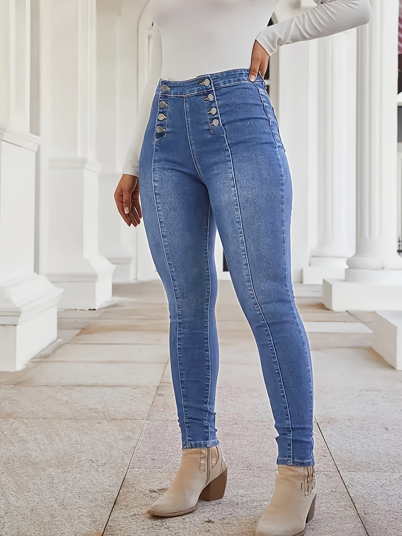 Jean skinny à boutons et plis piqués, pantalon en denim stretch moyen croisé style vintage, jean et vêtements en denim pour femme, idéal pour l'automne