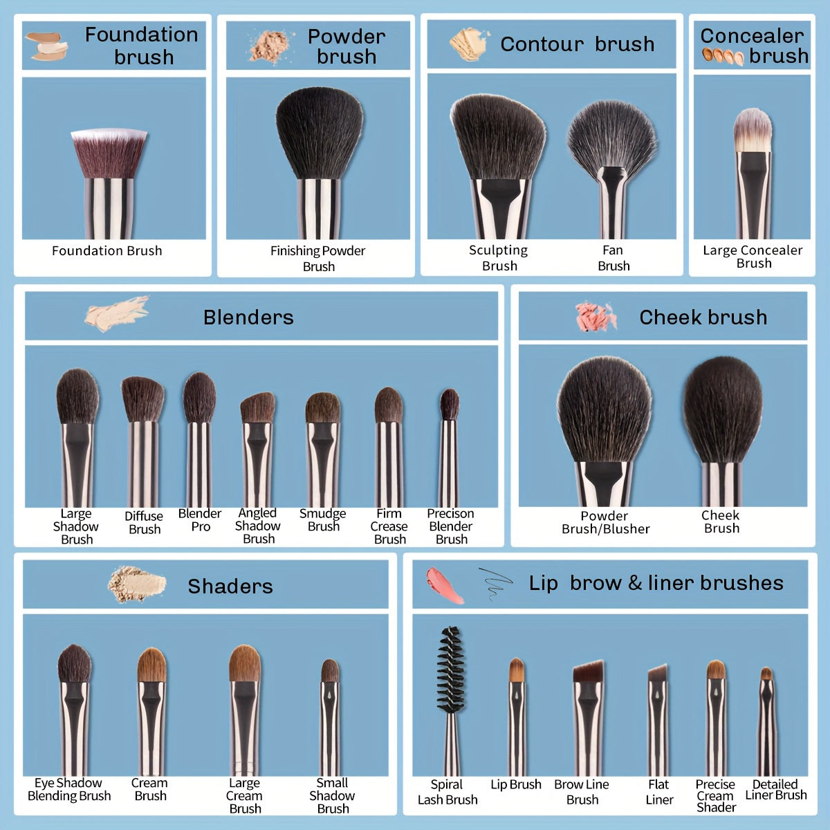 Set de 24 pinceaux de maquillage en poils naturels de chèvre – Poudre, fond de teint, contour, estompeur, fard à paupières, eyeliner, outils de maquillage