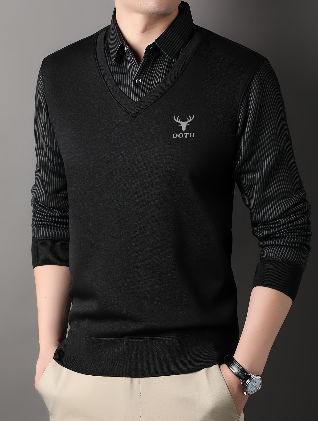 Men'S Spring And Autumn Thin Fake Two-Piece Lapel Button Long-Sleeved Knitted Pullover, Chest Embroidery, Button Placket, Suitable for Daily Commuting, Travel And Office And Other Scenes, Is The First Choice for Gifts