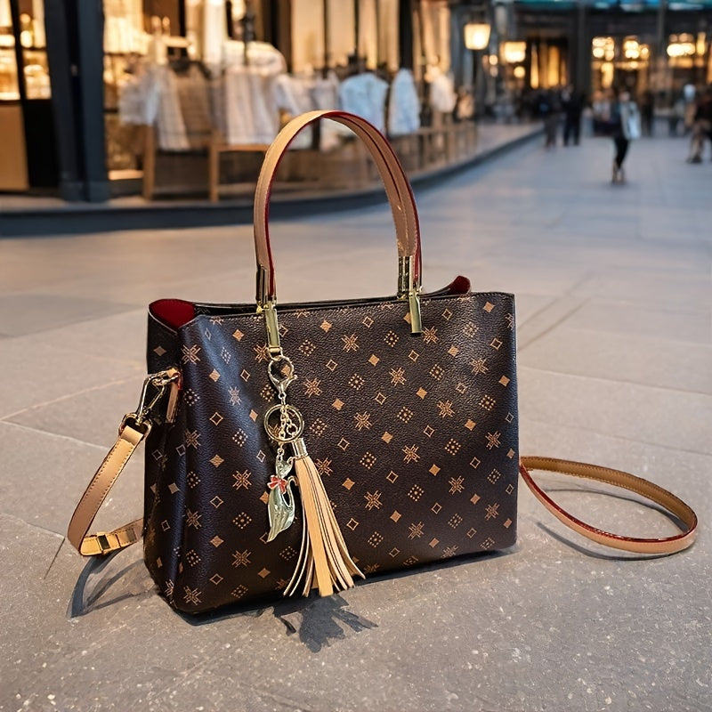 Sac Cabas Femme Élégant Grande Capacité avec Breloque Renard à Pompon – Fermeture Éclair, Doublure en Polyester, Design Multi-Couches, Idéal comme Cadeau de Fête