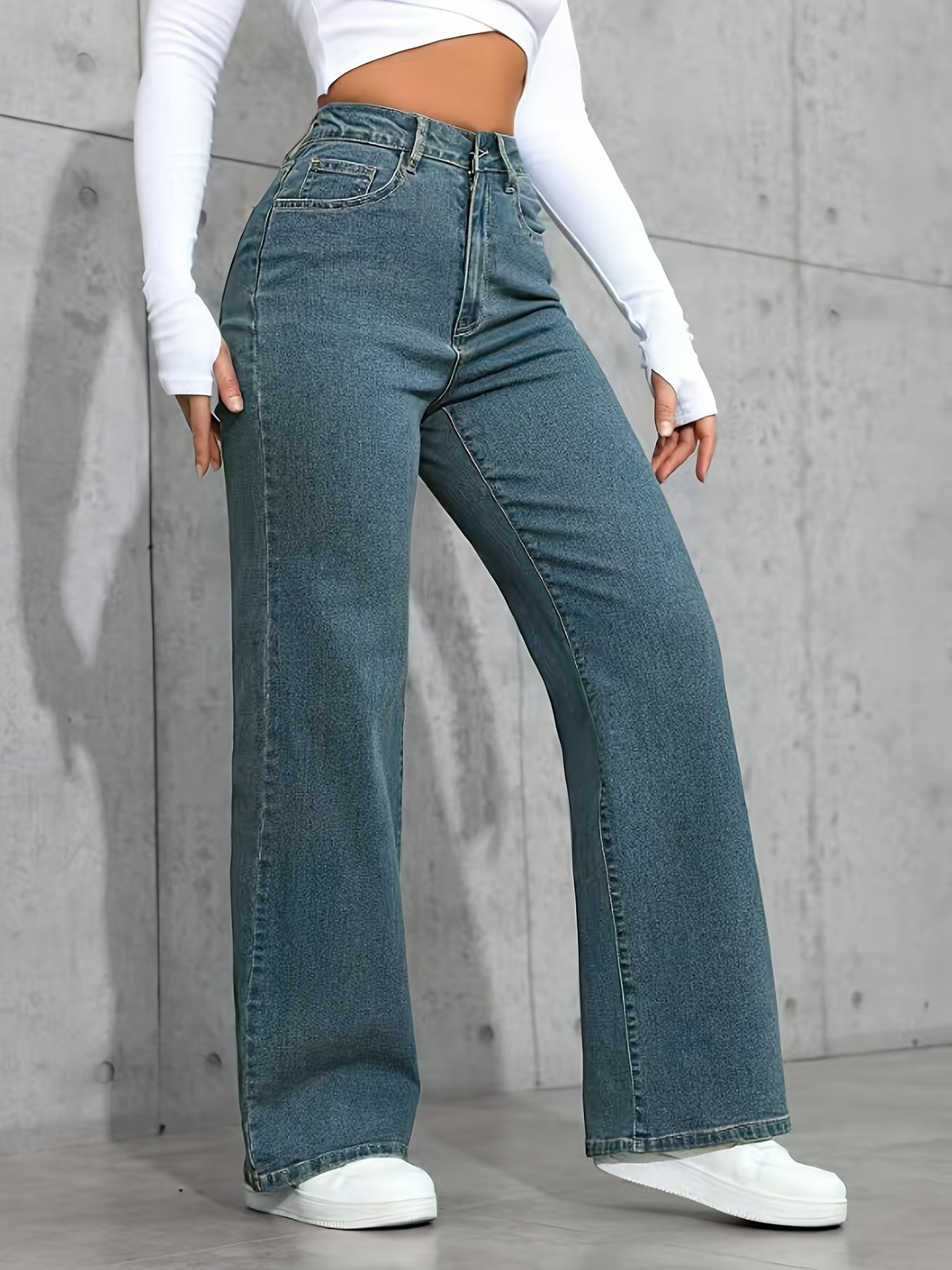 Pantalon Femme Taille Haute Bleu Jambe Droite Extensible Poches Confortable Style Décontracté 2025 Denim Rétro Résistant Slim Streetwear