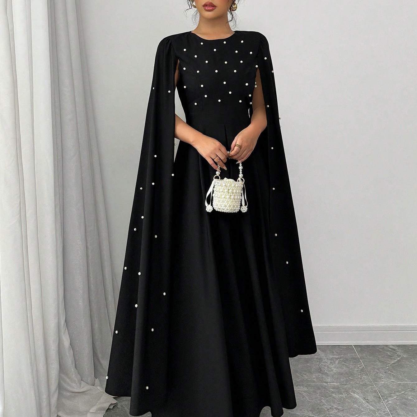 Cloak Sleeve Dress with Pearl Embellishments, Elegant And Fitted, Vintage Style, Evening Gown.