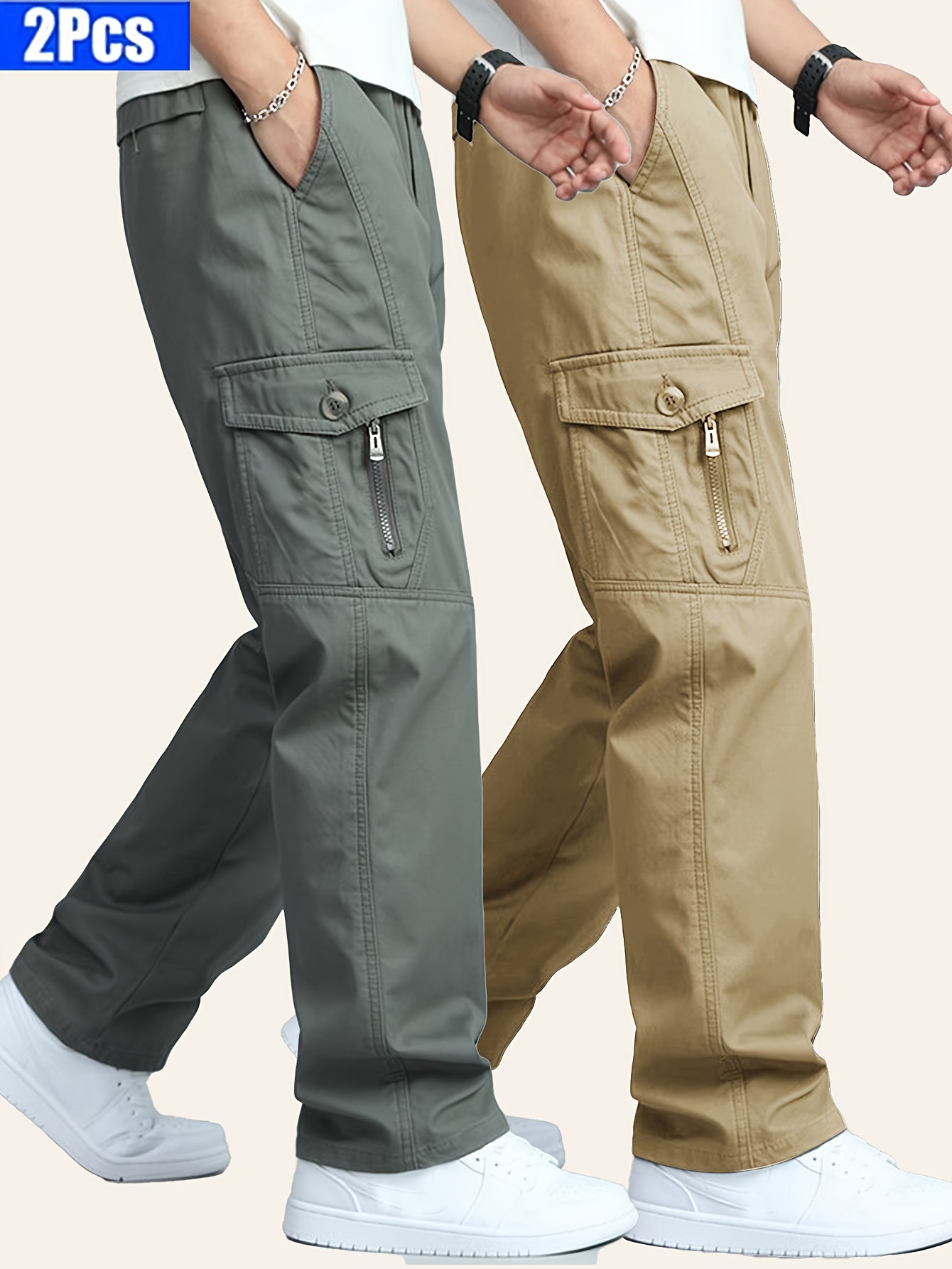 Lot de 2 Pantalons Cargo Homme – Pantalons de Travail Robustes avec Multiples Poches (Latérales, Cargo, Zippées), Tissu Résistant Sans Stretch pour Construction, Randonnée, Camping