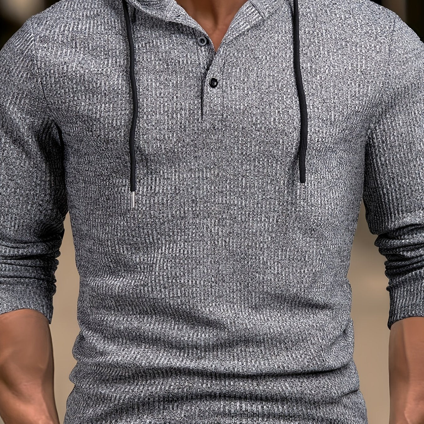Men's Ribbed Long Sleeve Hooded Henley Shirt, Casual Trendy Buttons Tops For Autumn And Winter