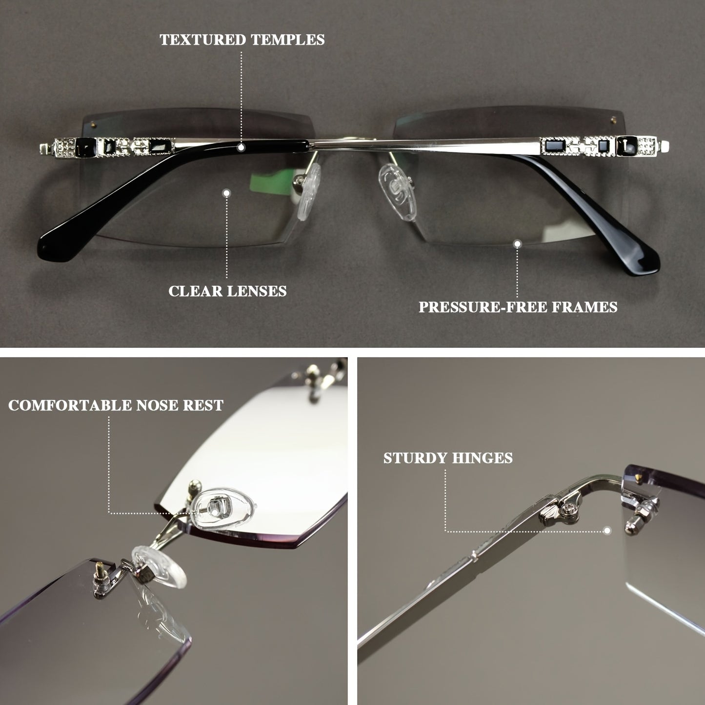 Premium Rimless Reading Glasses, High Definition Lenses - Men's fashionable presbyopia glasses with unique decorative temples, including glasses case and lens cloth, comfortable to wear, gift choice, also suitable f