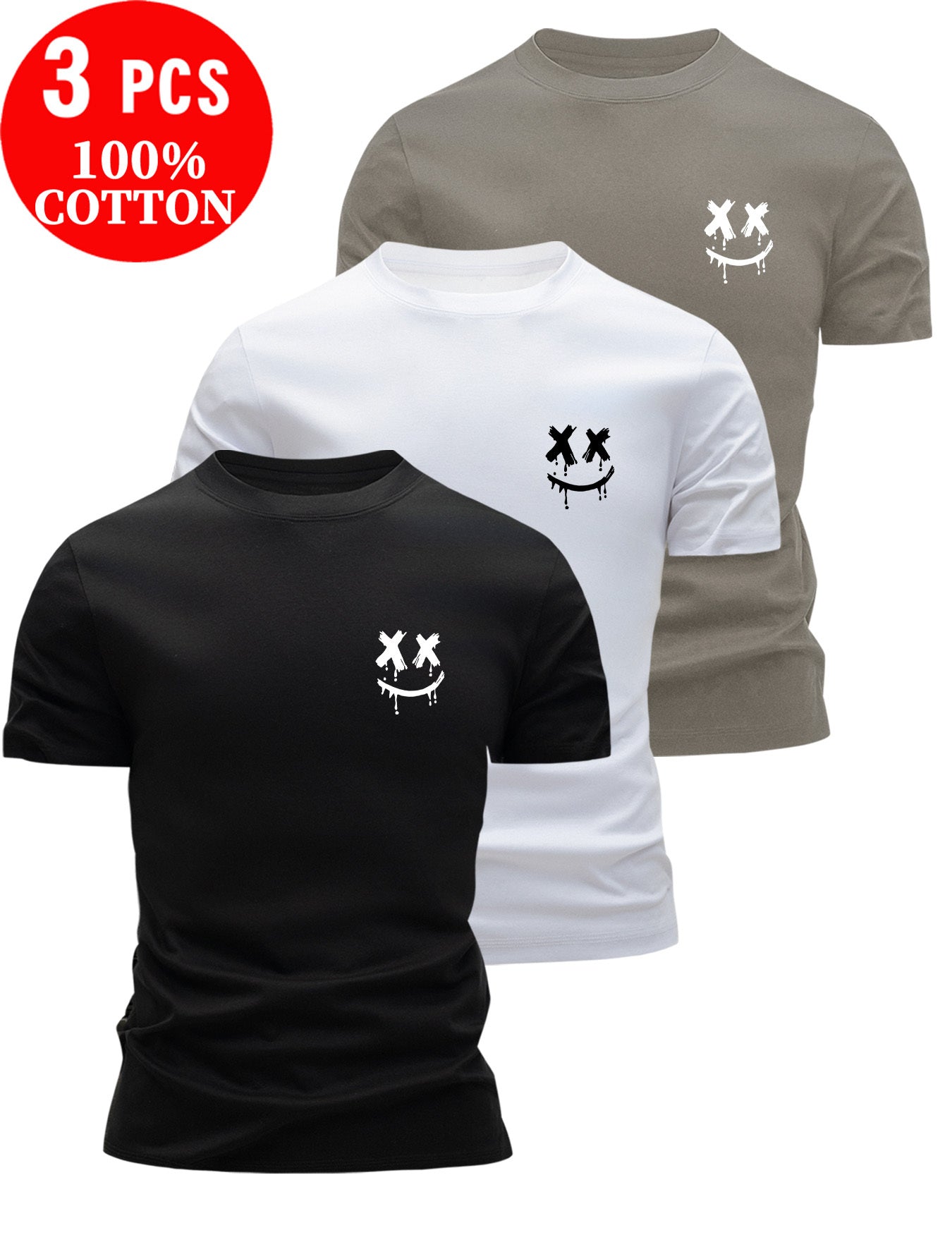 3pcs 100% Cotton T-Shirts, Casual Crew Neck Top for Men's Summer Streetwear, Summer Outfit, Everyday Clothing, Trendy Tshirt, Urban Fashion, Soft Material, Breathable Fabric, Cotton Tee, Multipack Shirts, Young Adults, Casual
