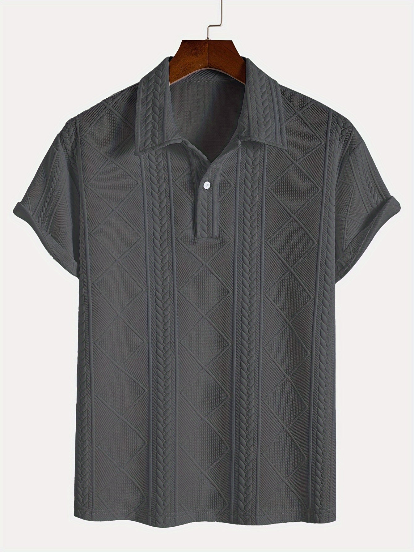Men'S Stylish Knitted Polo Shirt with Wheat Ear Geometric Patterns, Made from Skin-Friendly Material, Featuring a 4/1 Button Half-Placket, Perfect for Casual Wear, Simple And Versatile for Commuting, Trendy And Fashionable