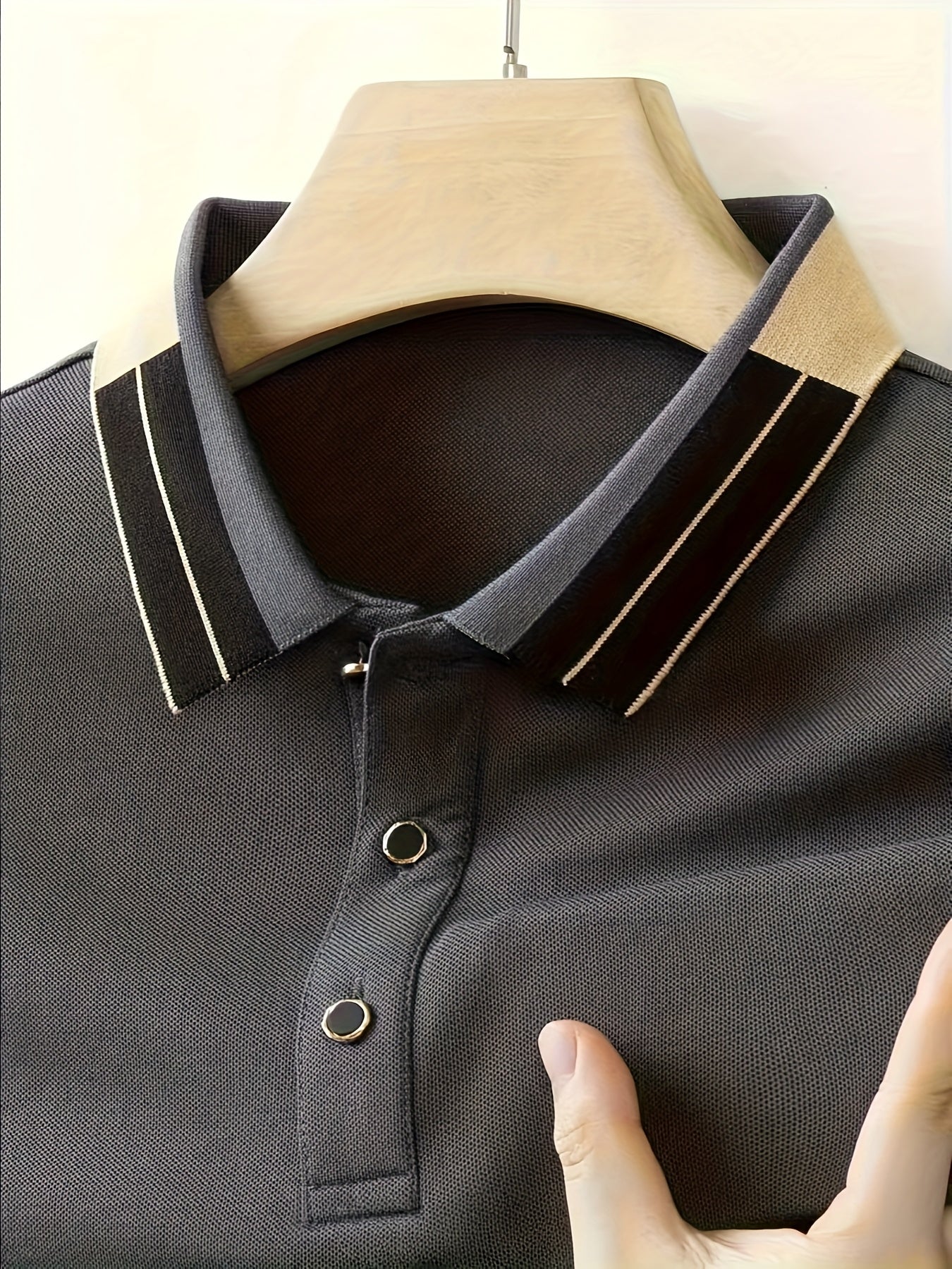Men's Shirt - Dark Charcoal Gray with Golden Accent Collar, Soft Breathable Fabric Golf Shirt for Business, Casual, - Machine Washable Summer Button-Up Shirt for Office, Vacation, Casual Attire, Vacation Clothing, Sophisticat