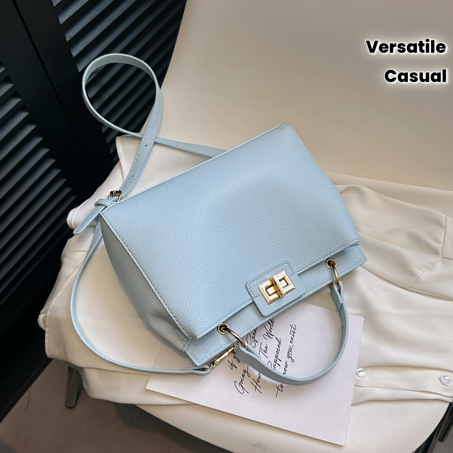 Sac bandoulière convertible bleu clair pour femme – Hardware doré, bandoulière détachable, fermeture pression, polyvalent pour quotidien, travail et voyages