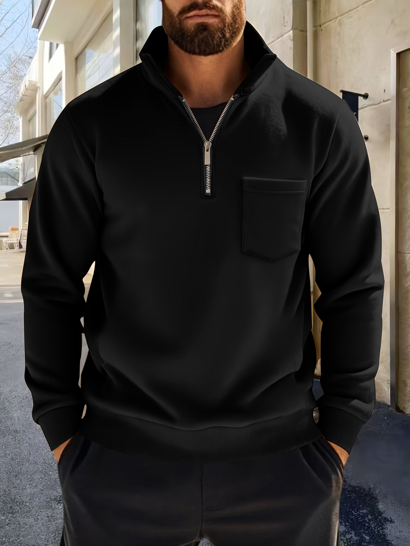 Men'S Thickened Long Sleeve Shirt - Half-Zip, Versatile Long Sleeve Turn- Collar Base Layer Top with Chest Pocket, Suitable for Autumn/Winter, Winter Clothing, Autumn Apparel, Classic Collar, Durable Fabric, Warm Material, Ba