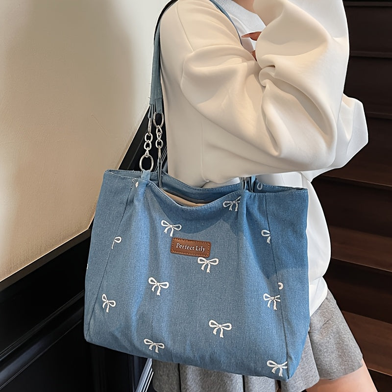 Sac Cabas Femme– Bandoulière Chaîne Fixe, Broderie Nœud, Fermeture Zippée Durable, Idéal Quotidien, Shopping et Sorties – Bleu Clair / Bleu Foncé, Idée Cadeau Élégante