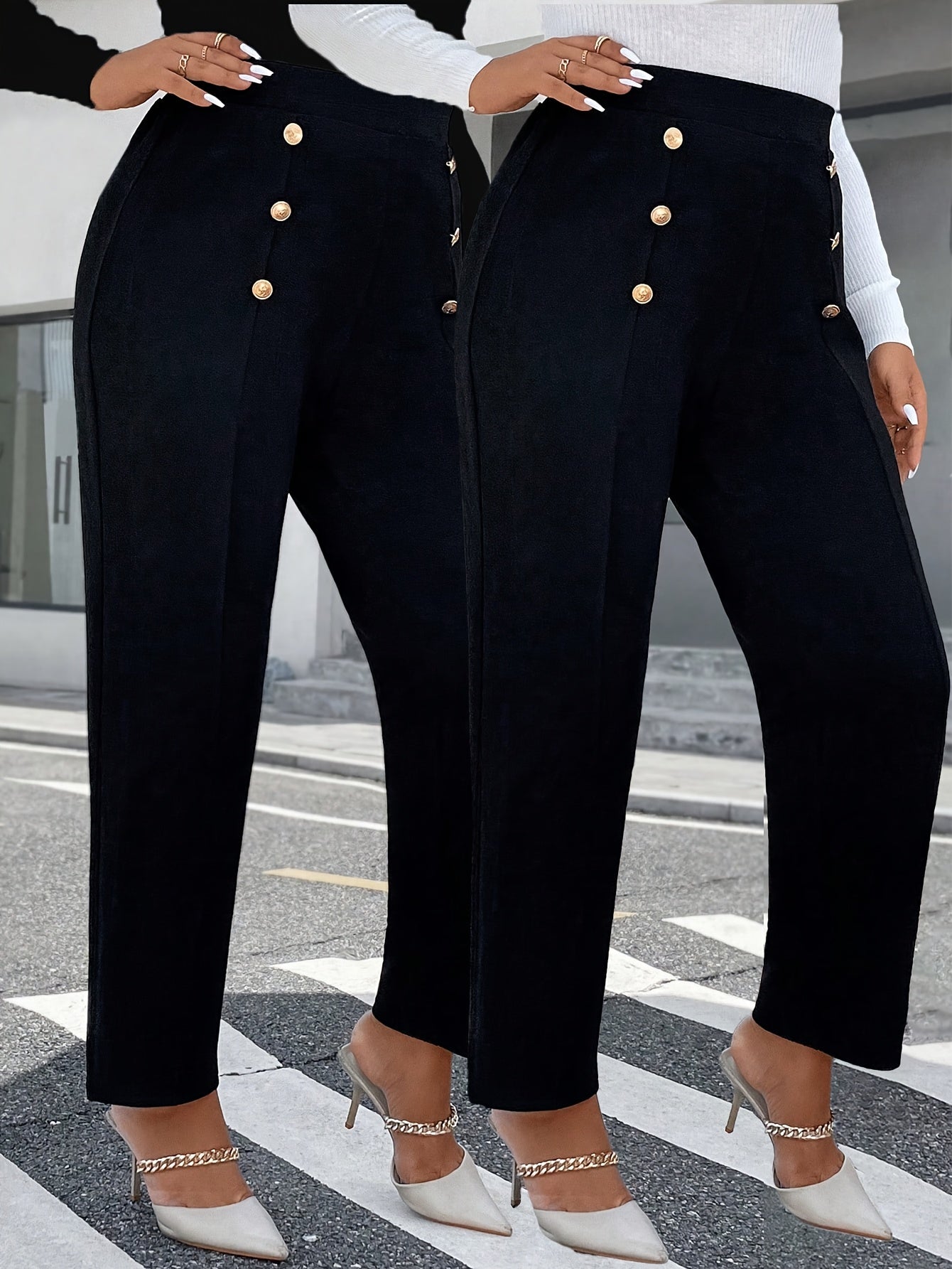 Lot de 2 Pantalons Femme Grande Taille – Taille Haute, Boutons, Jambe Droite, Noir