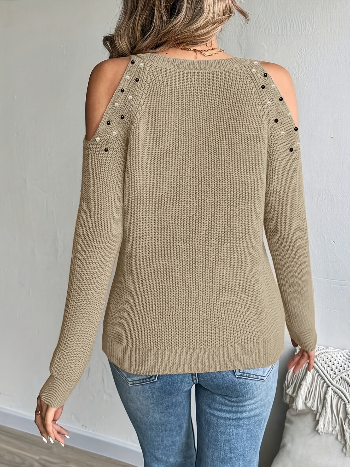 Pull élégant pour femmes, épaules dénudées, perlé, col rond, veste style gilet, beige, automne/hiver, lavable en machine