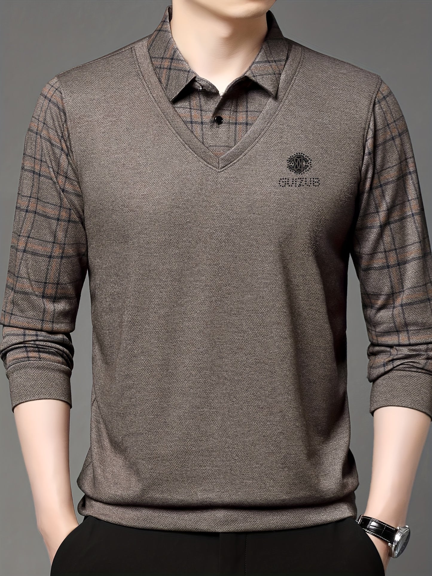 New Men'S Long-Sleeve Faux Two-Piece Polo Shirt for Spring And Autumn, Featuring a Checkered Inner Layer, Perfect for Casual Daily Wear And Light Business Attire During The Spring And Autumn Seasons, a Great Gift for Men.