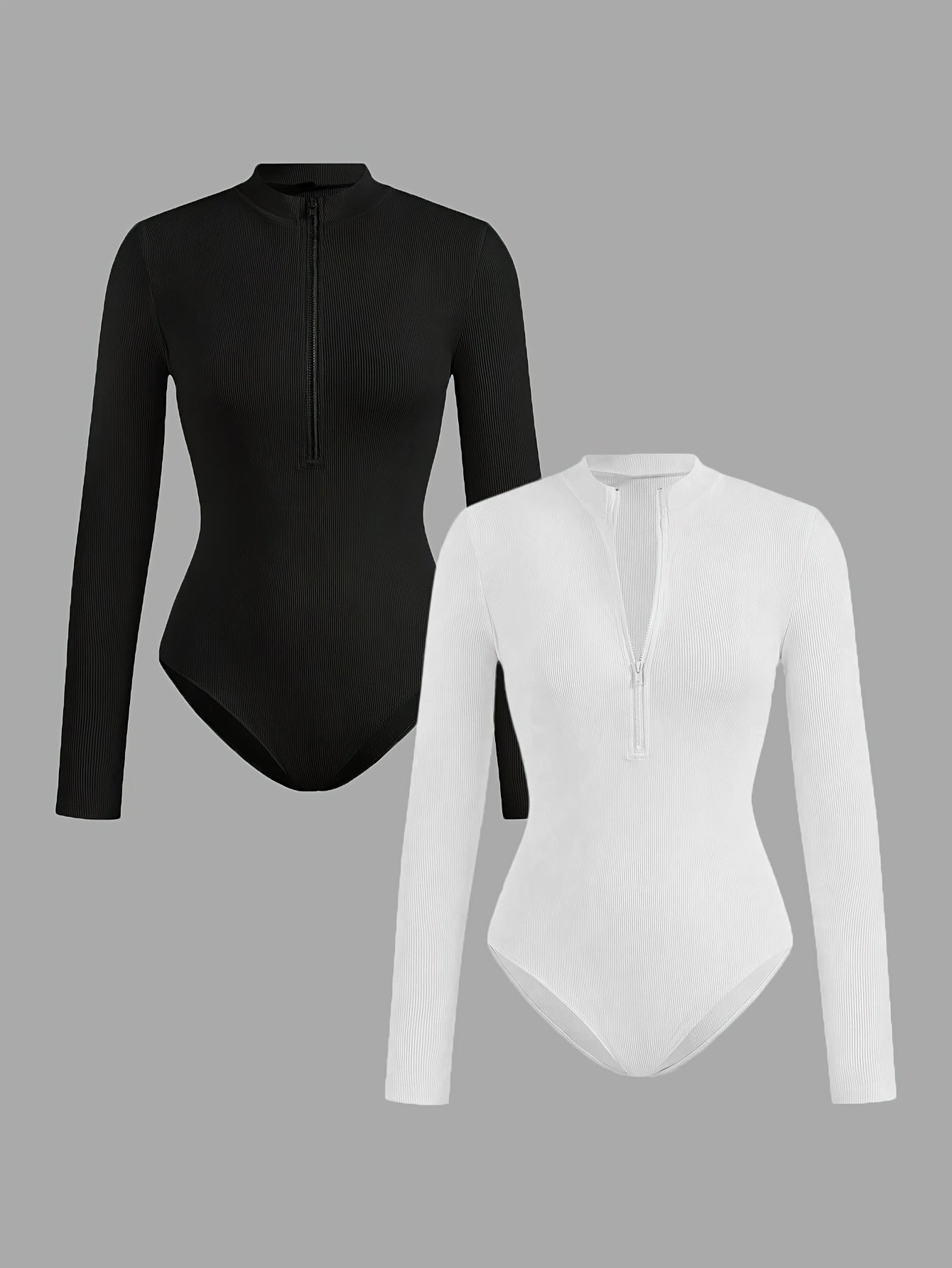 Ensemble 2 pièces – Bodysuits Slim Fit à Manches Longues, Col Montant zippé, Noir et Blanc