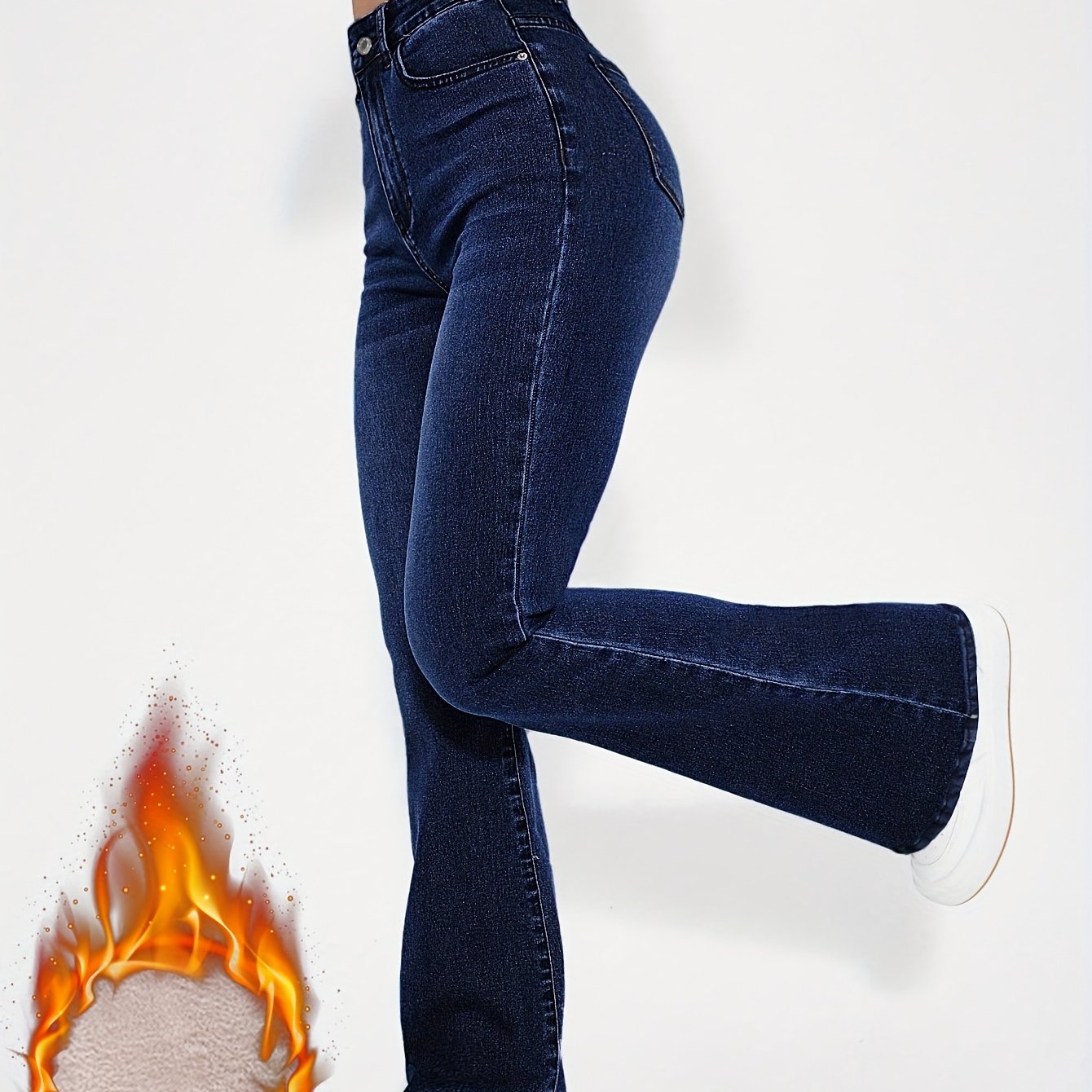 Pantalon en jean bleu délavé taille haute, doublé peluche, coupe évasée, fermeture éclair et bouton, style décontracté