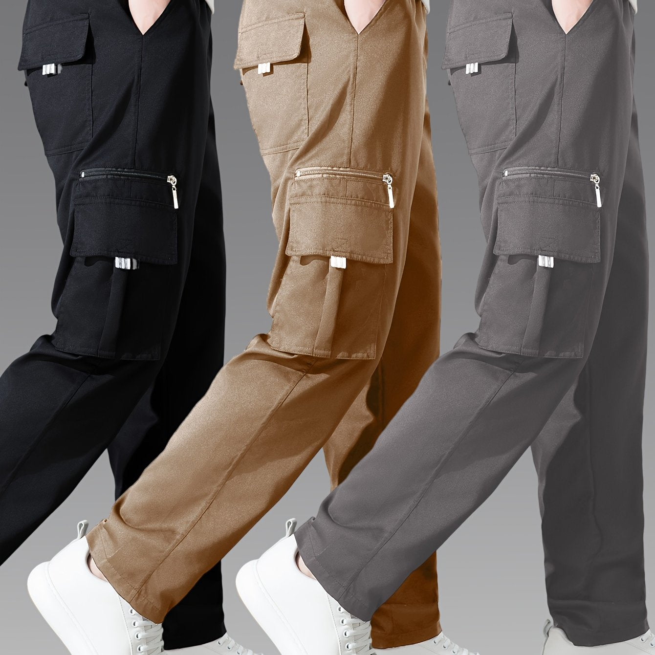 Pantalons cargo pour homme (3 pièces) – multi-poches, coupe décontractée, tissu non extensible durable, confort toutes saisons, idéal tenue décontractée et activités outdoor (noir/bleu marine/gris)