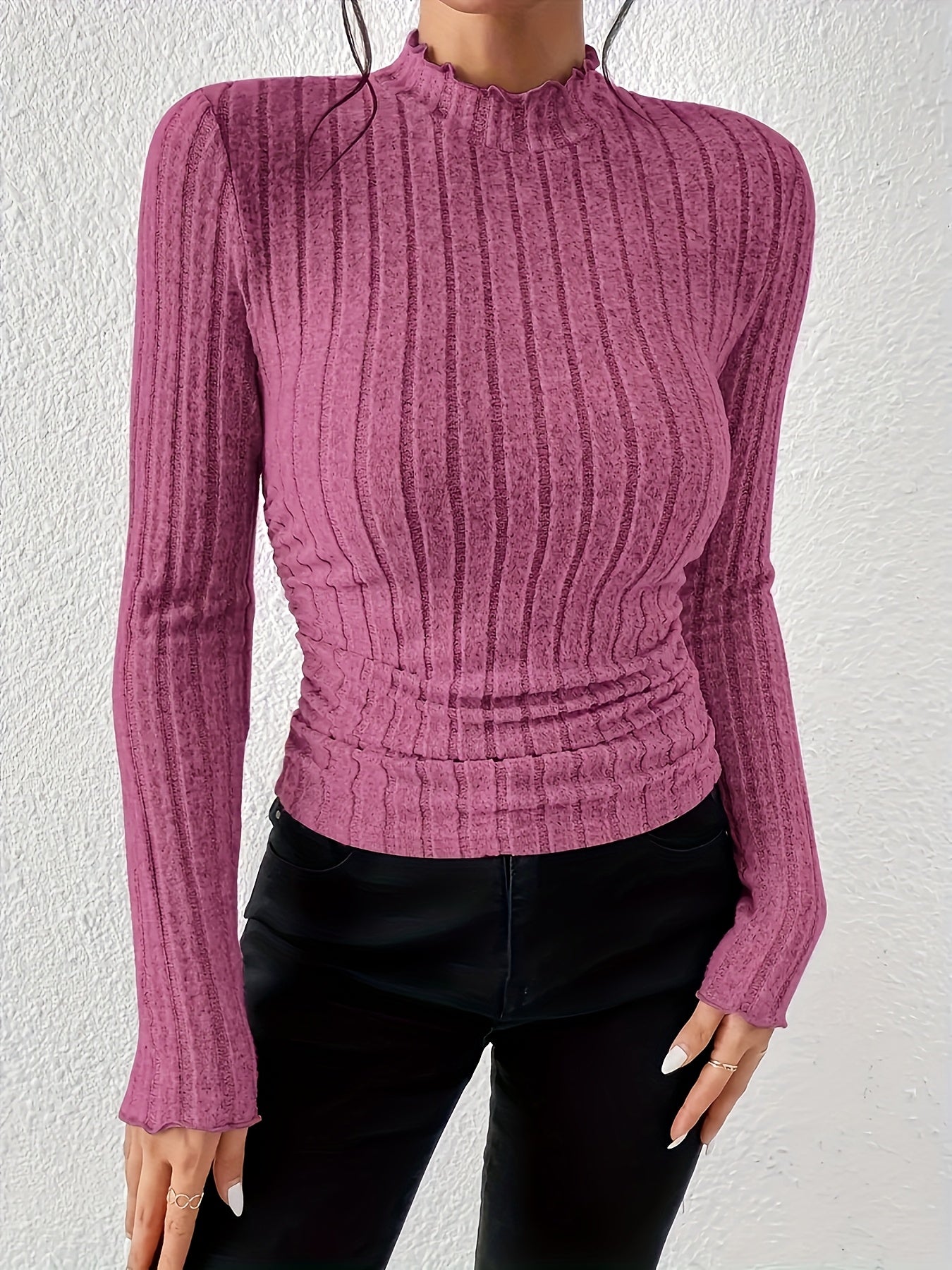 Lot de 3 T-shirts élégants pour femmes – Col montant, manches longues, col rond, coupe régulière, couleur unie, collection automne/hiver, style casual